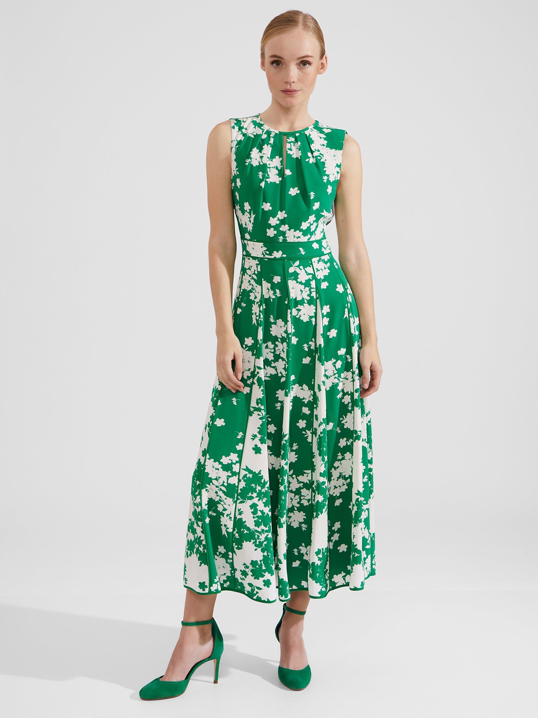 Hobbs Angelica Floral Midi Dress, Green Ivory, 10