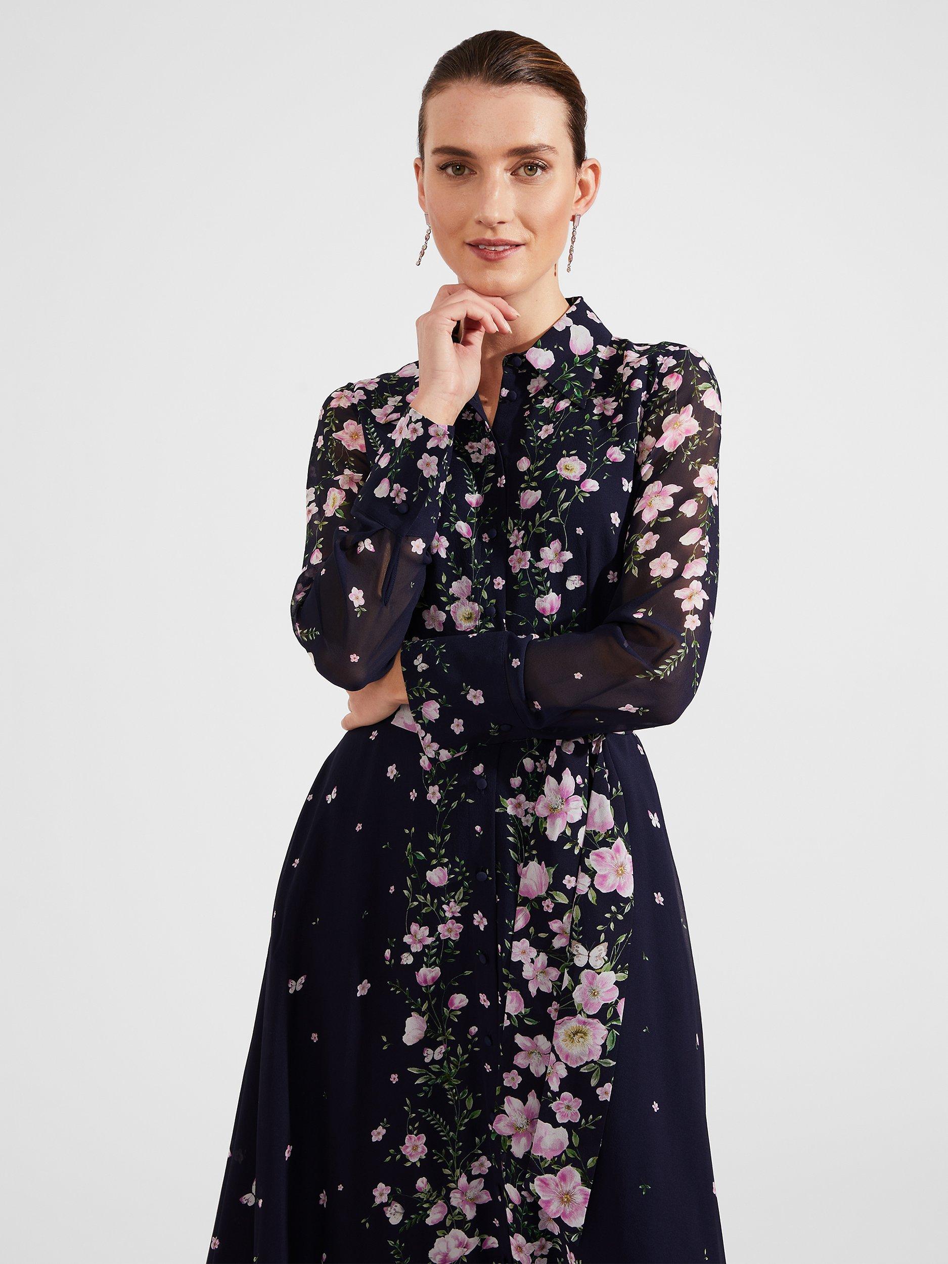 Product image 4 of 7, which shows Hobbs Petite Juliet Floral Midi Dress, Navy/Multi, 10