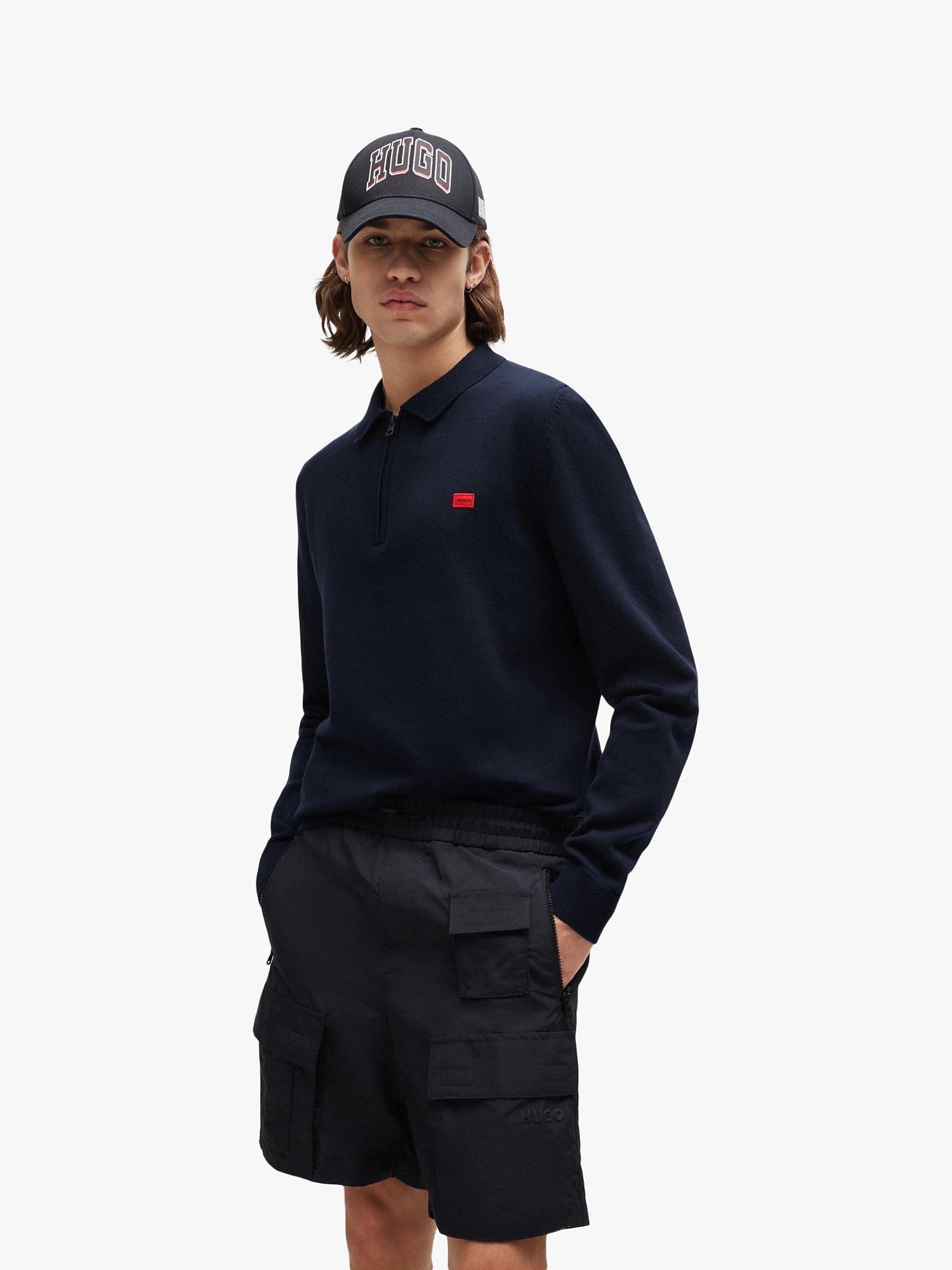 HUGO San Peer Long Sleeve Knitted Polo Shirt, Navy