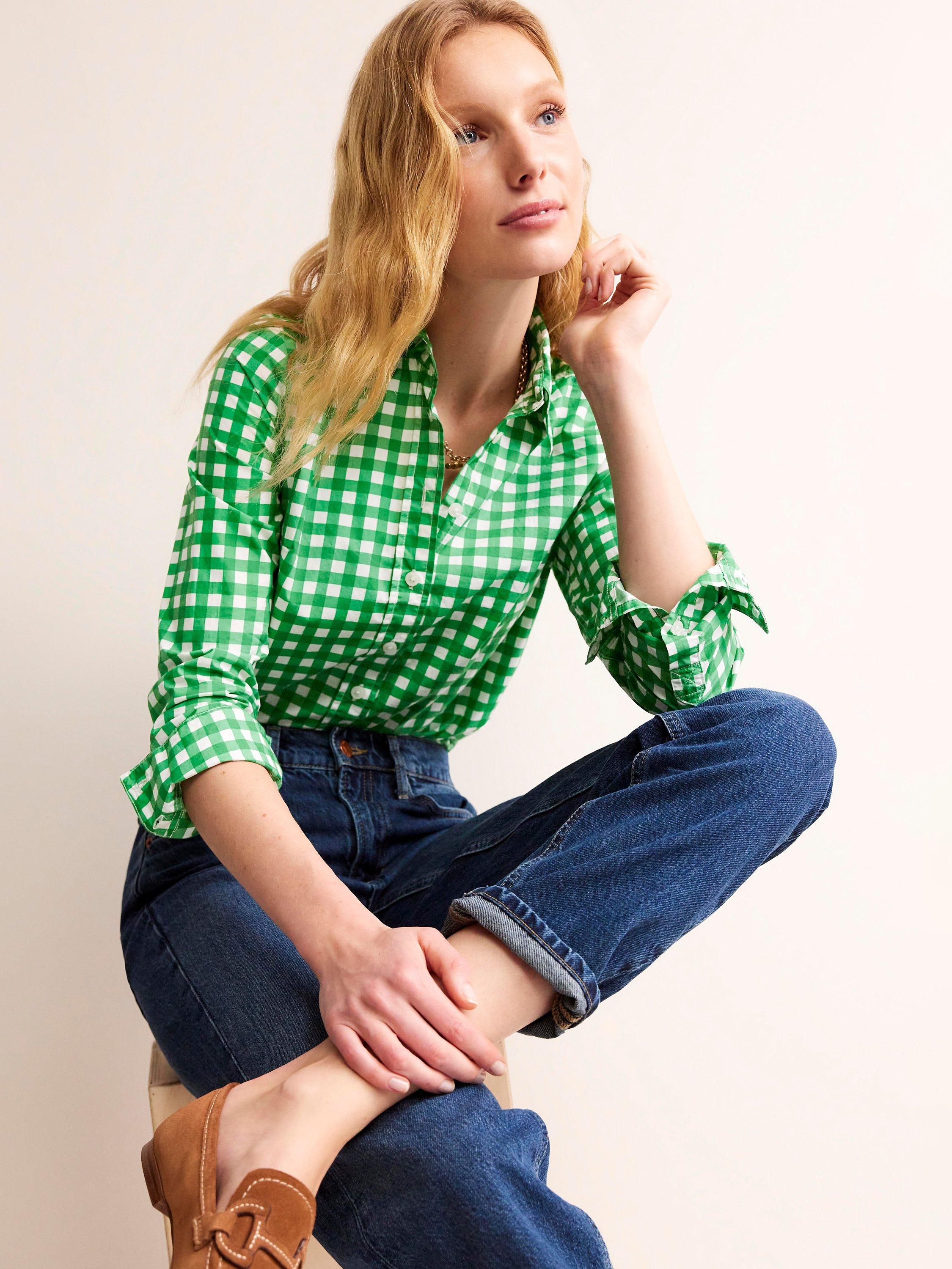 Boden Sienna Gingham Cotton Shirt, Green/Ivory