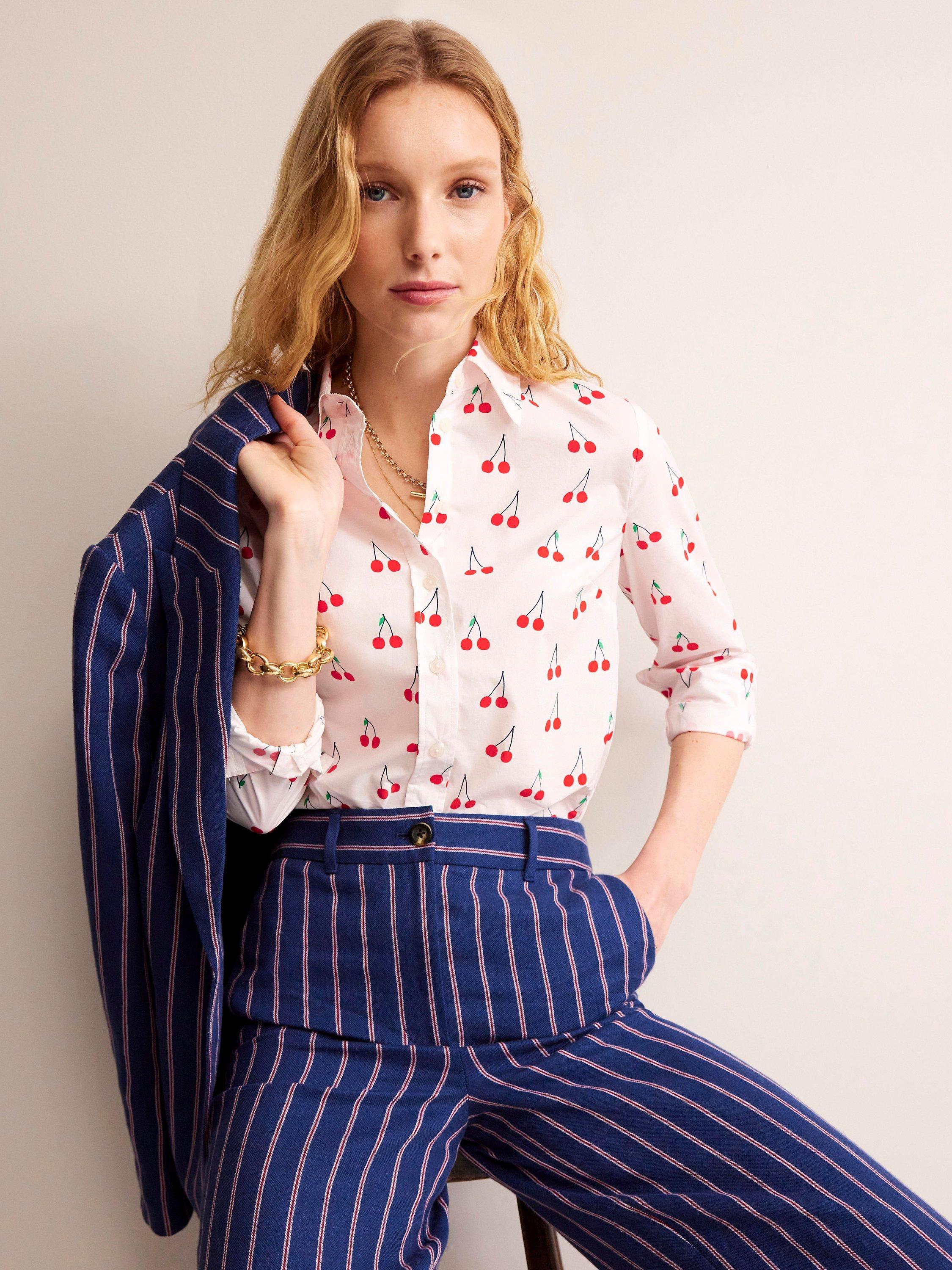 Boden Sienna Cherry Print Cotton Shirt, Ivory/Multi