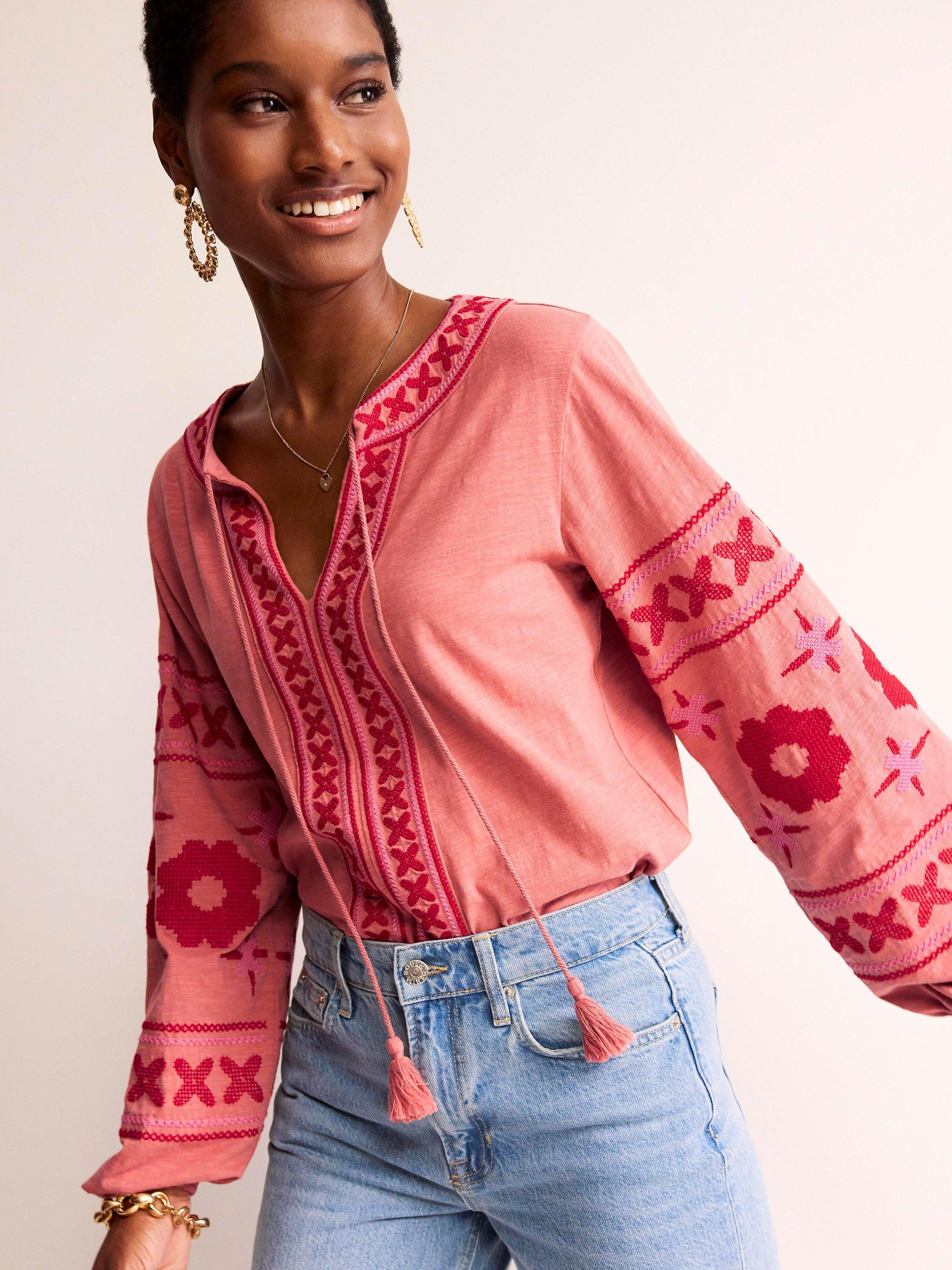 Boden Diana Tie Neck Embroidered Top, Brick Dust