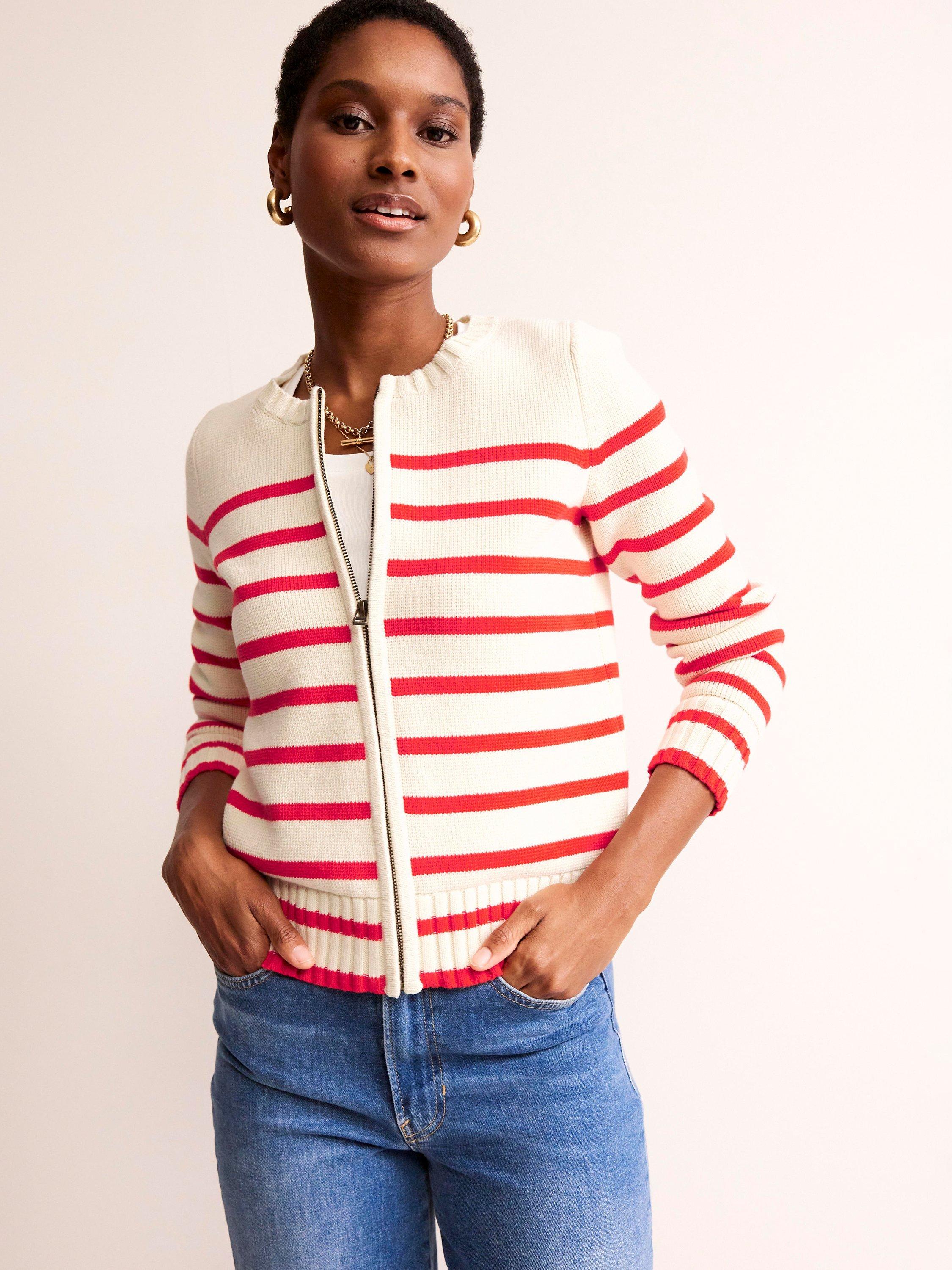 Boden Cotton Breton Stripe Zip Front Cardigan Ivory Red