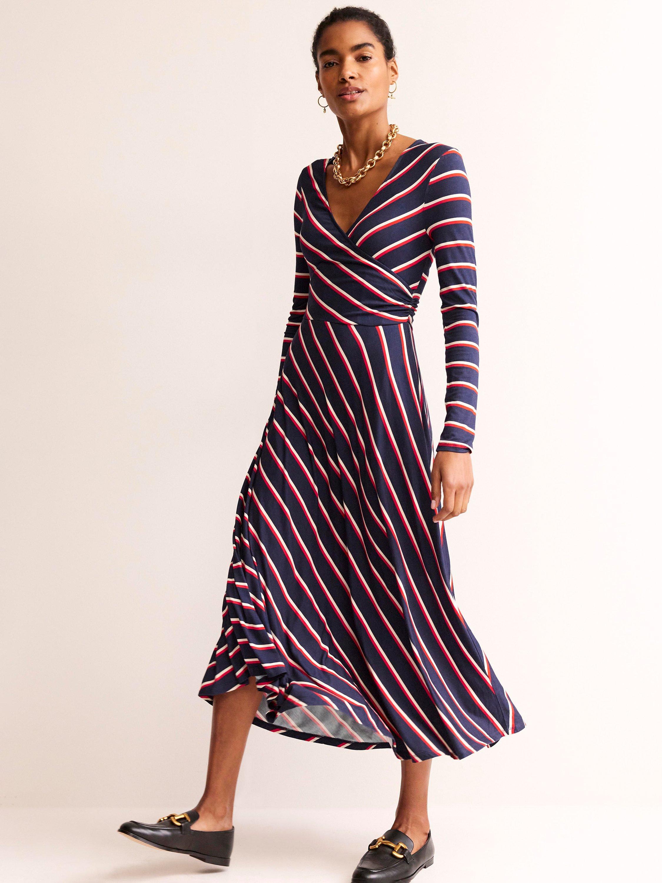 Boden Hotch Potch Stripe Jersey Midi Dress Navy Red White