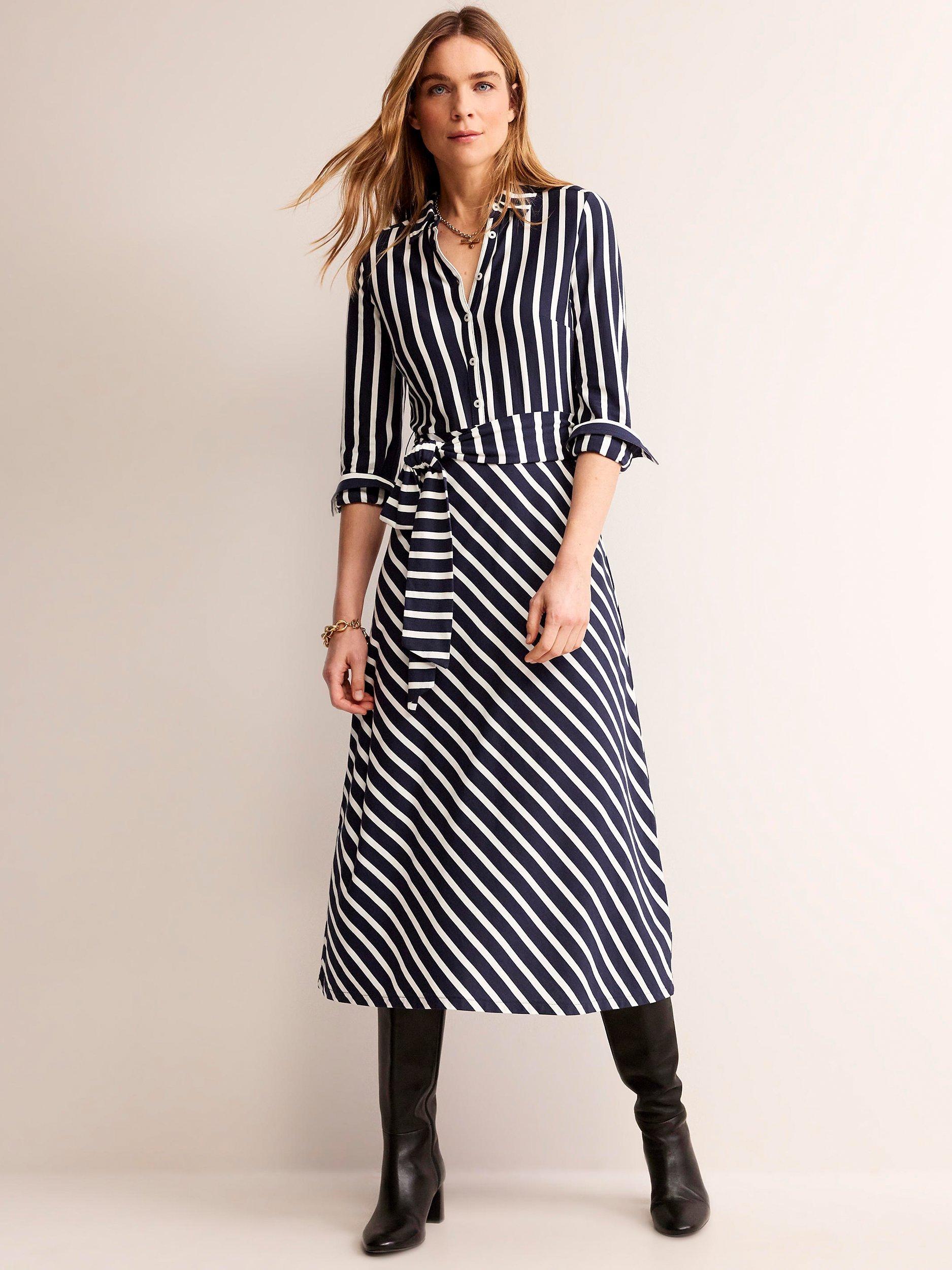 Boden Laura Stripe Jersey Midi Shirt Dress, Navy/Ivory