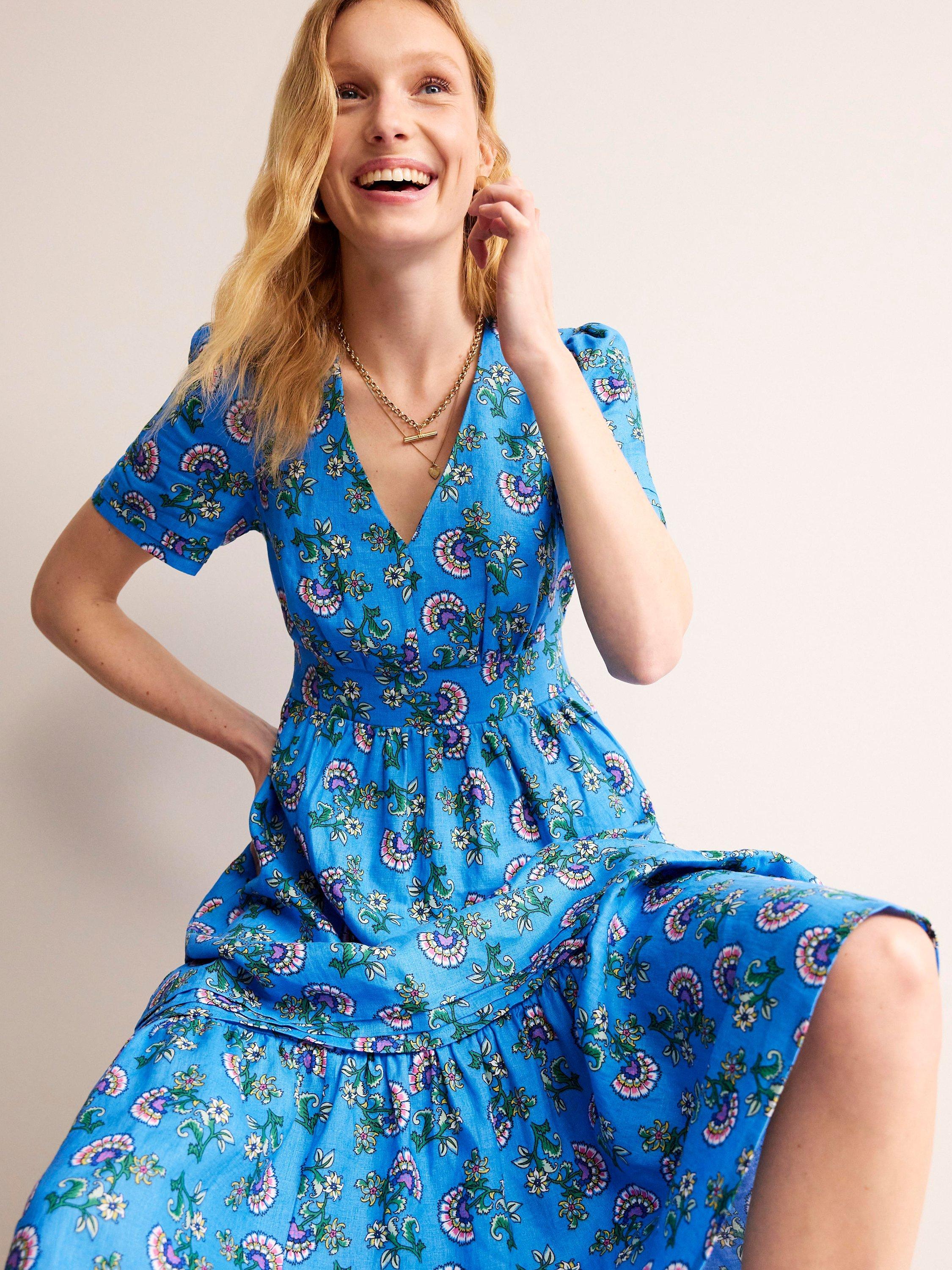 Boden Eve Botanical Bunch Floral Linen Dress, Blue