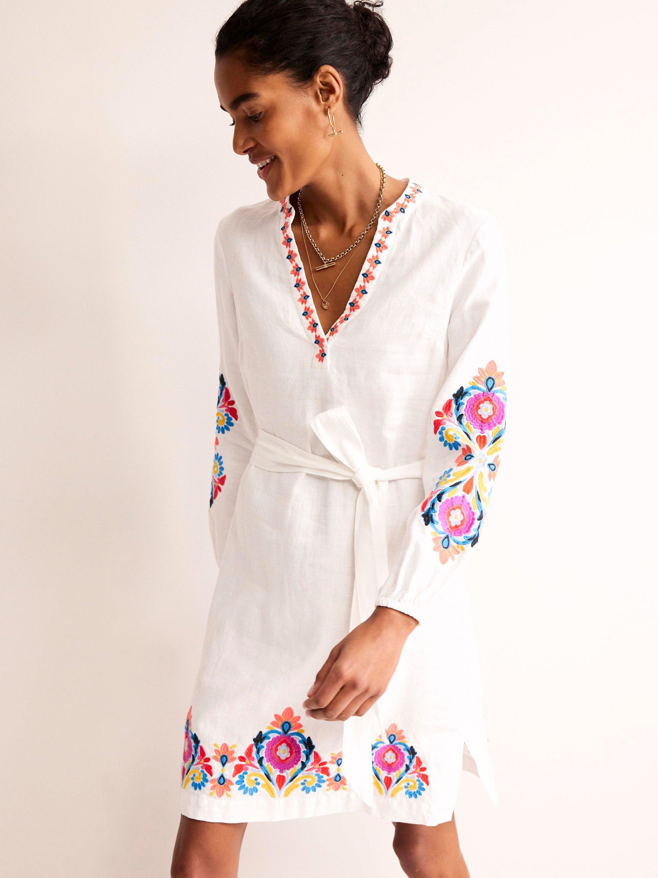 Boden Cleo Embroidered Linen Mini Dress, White/Multi