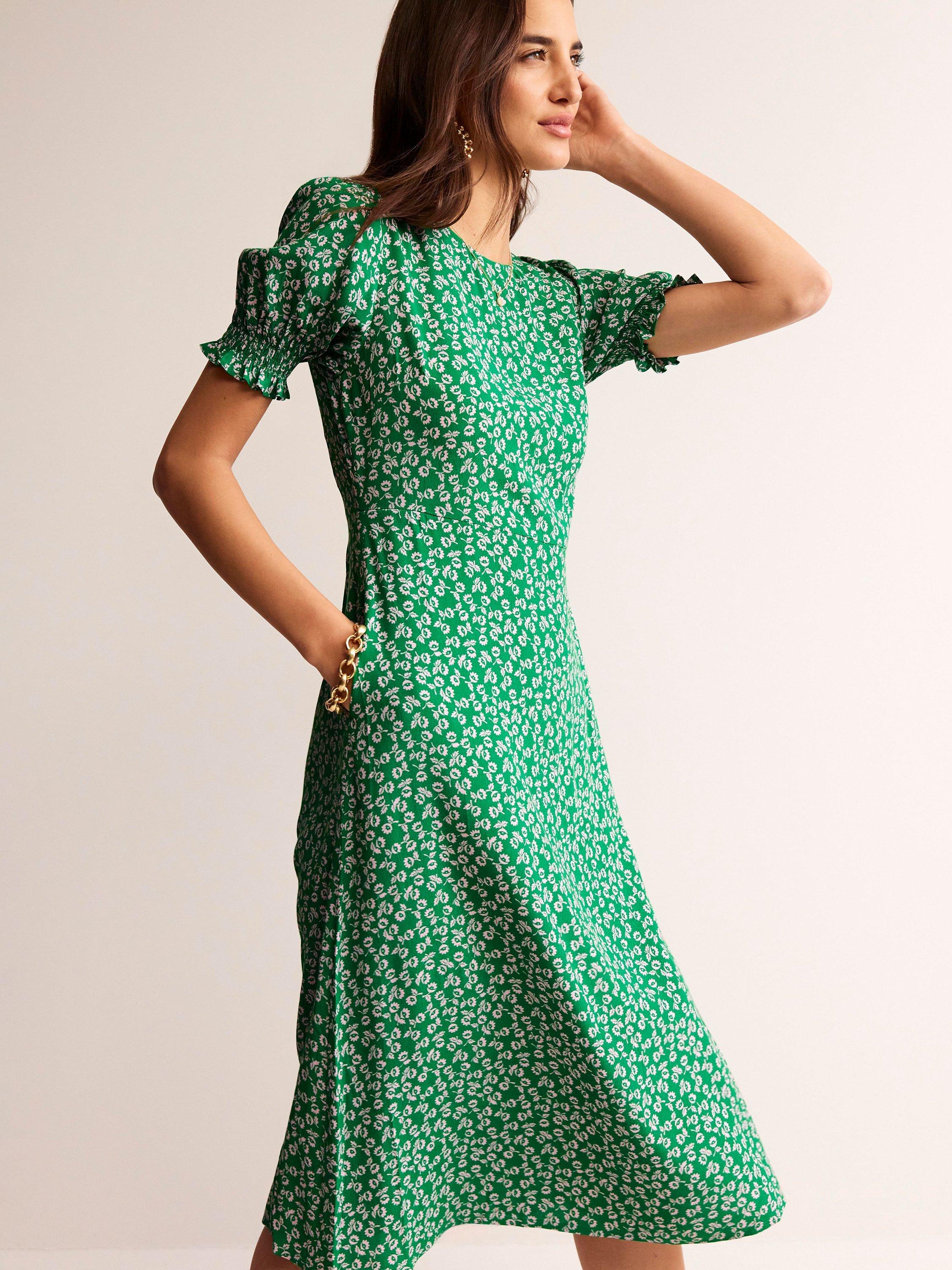 Boden Corinne Ditsy Bud Print Midi Tea Dress, Green/Pink