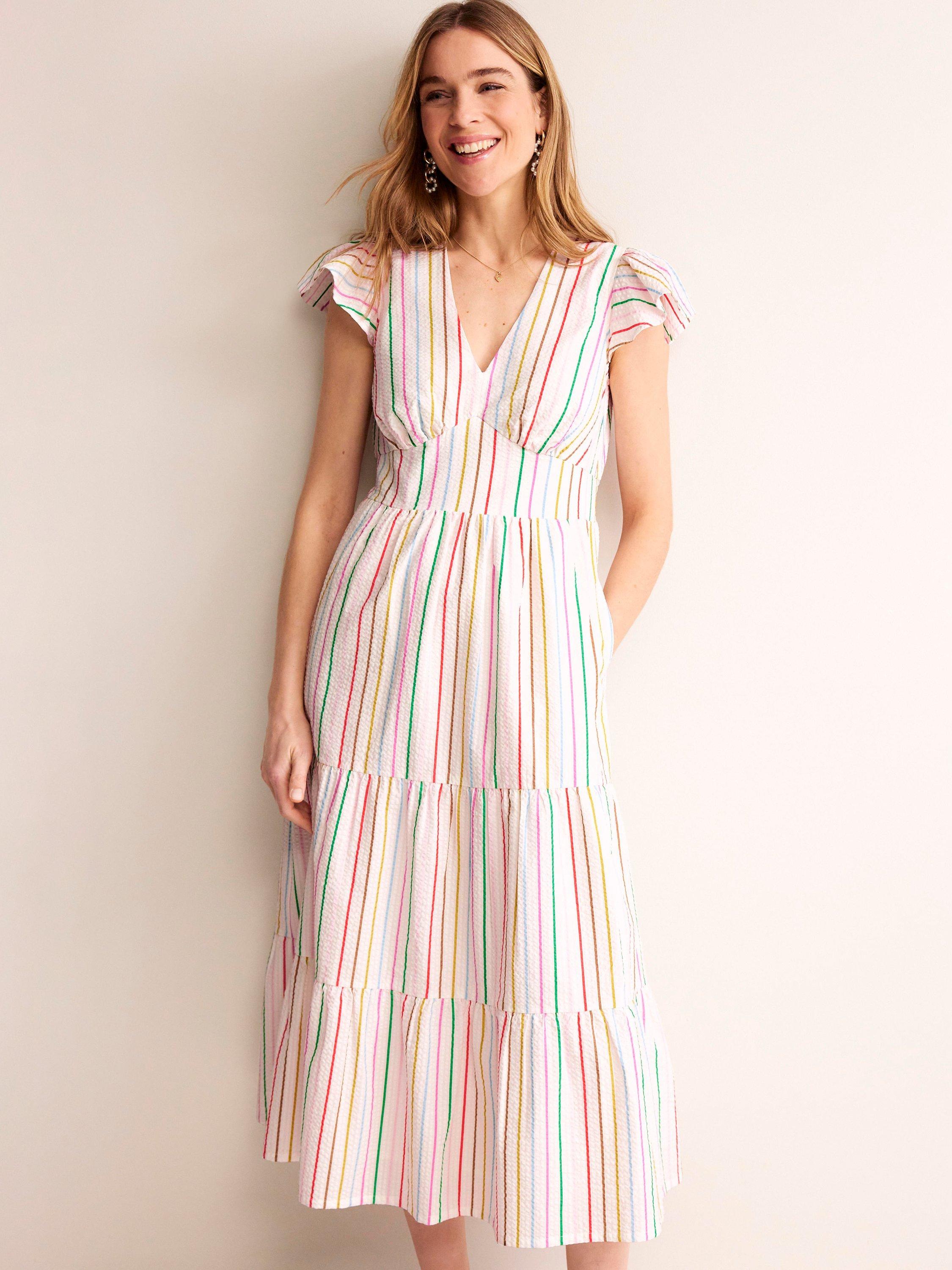 Boden May Rainbow Stripe Cotton Midi Dress, White/Multi