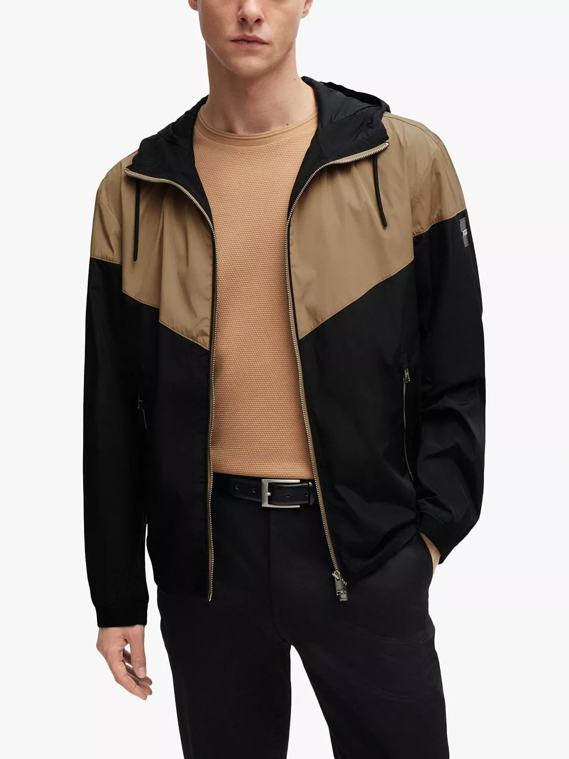 BOSS Cireno Colour Block Hooded Jacket, Medium Beige/Black