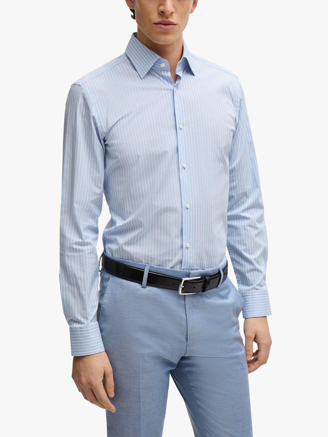 BOSS Hank Slim Fit Pinstripe Shirt, Pastel Blue/White