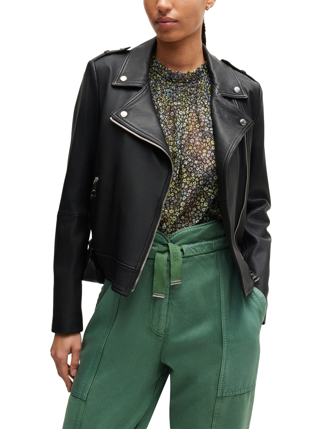 BOSS Sameli Leather Biker Jacket, Black