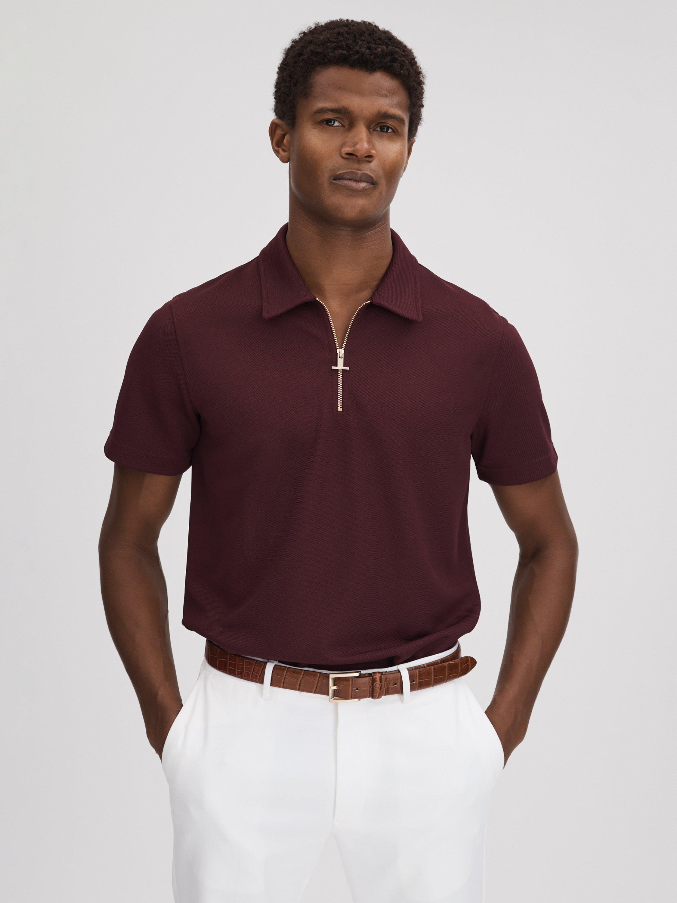 Reiss Floyd Half Zip Textured Polo Shirt, Bordeaux