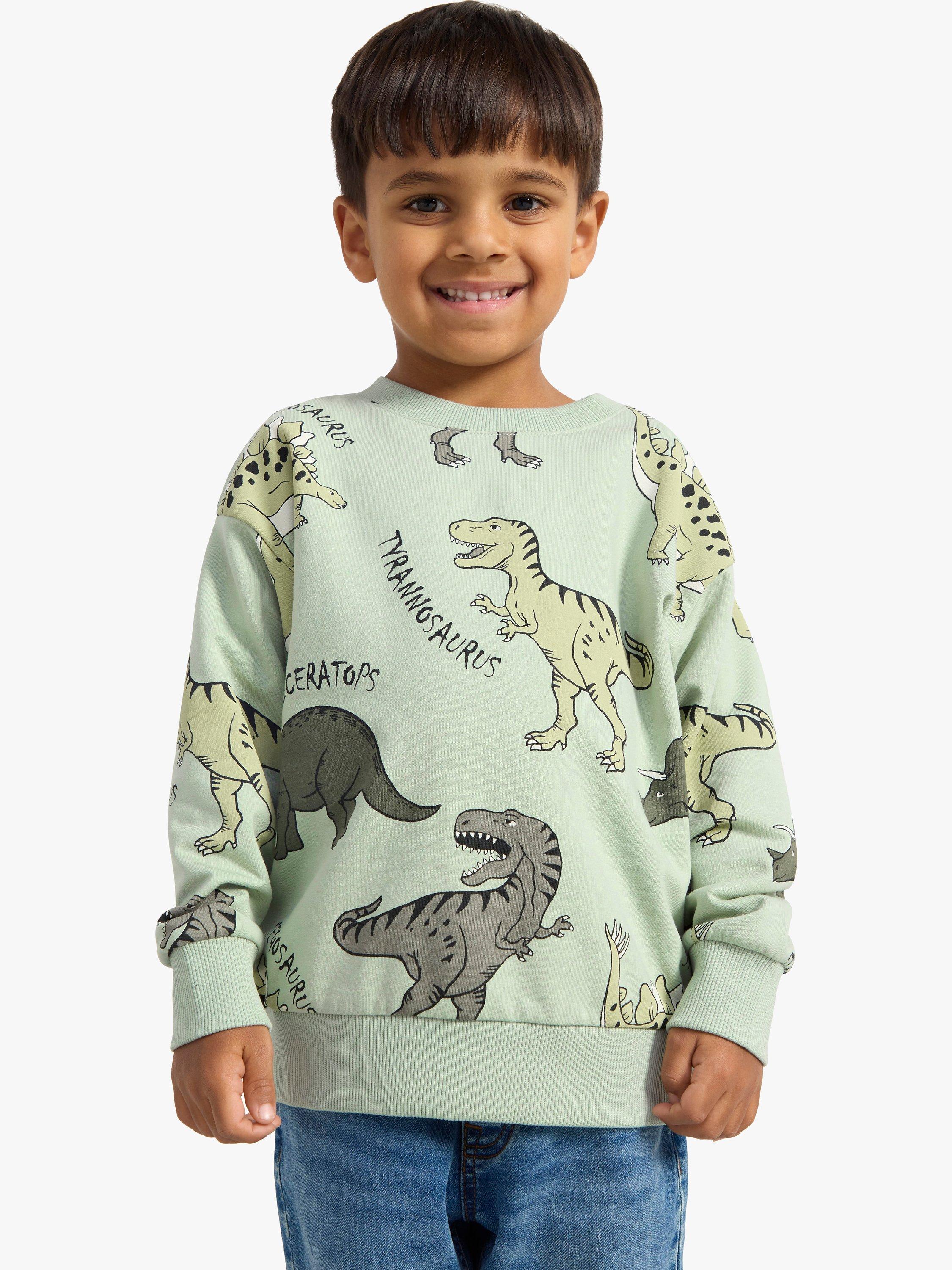 Lindex Kids' Organic Cotton Blend Dinosaur Jumper, Light Dusty Green