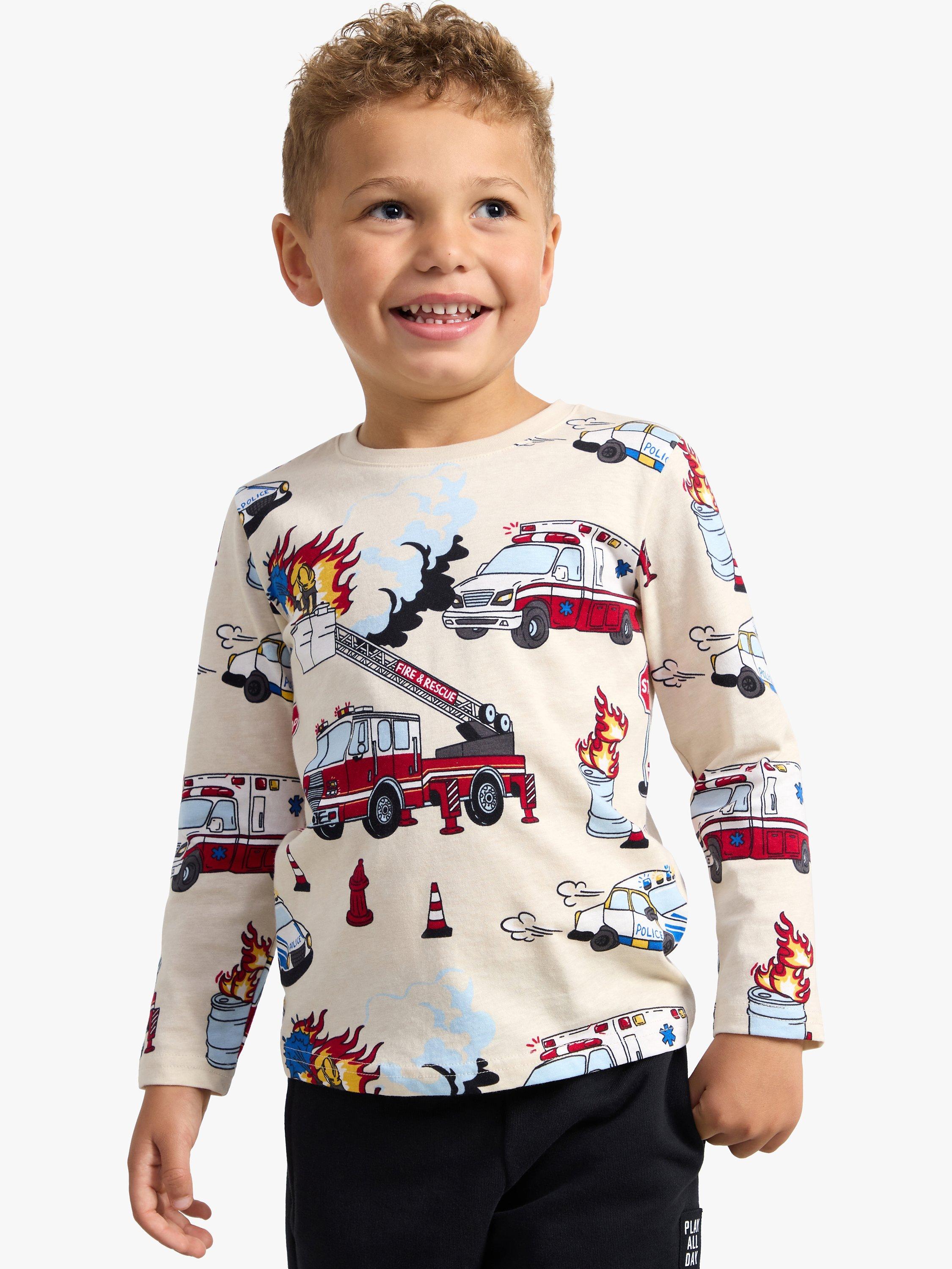 Product image 1 of 6, which shows Lindex Kids' Fire Vehicles Print Long Sleeve Top, Light Beige, 18-24 months