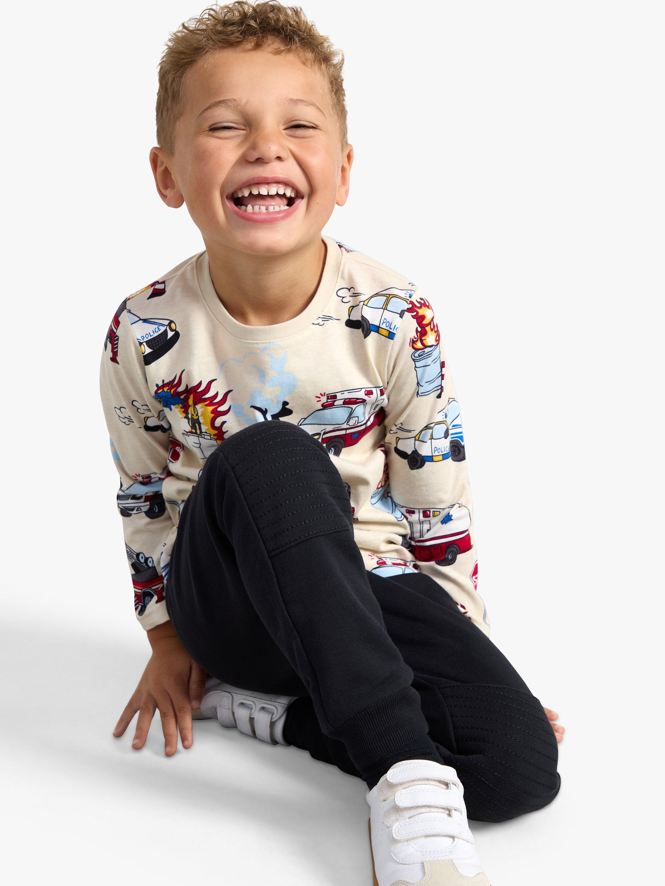 Product image 3 of 6, which shows Lindex Kids' Fire Vehicles Print Long Sleeve Top, Light Beige, 18-24 months