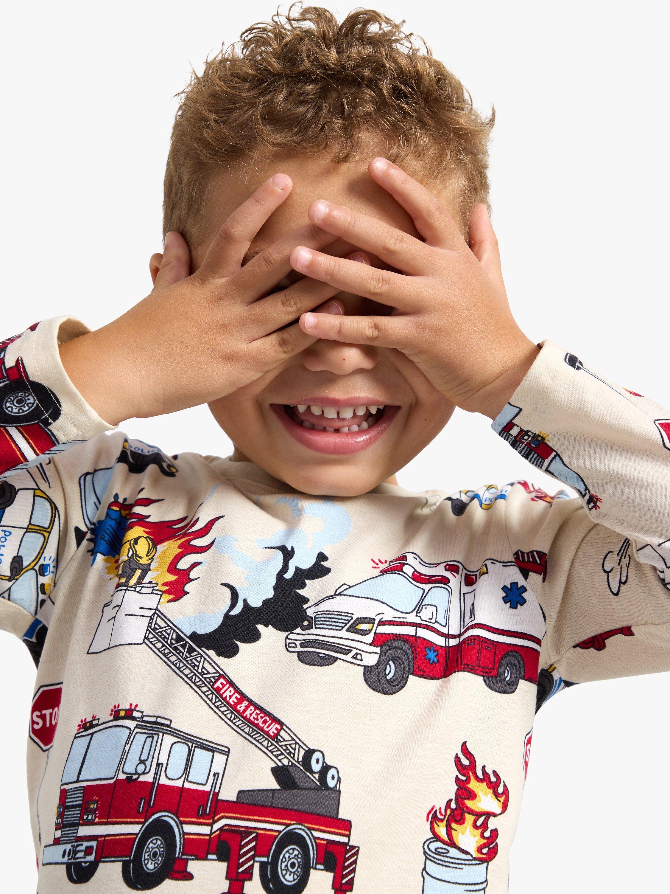 Product image 4 of 6, which shows Lindex Kids' Fire Vehicles Print Long Sleeve Top, Light Beige, 18-24 months