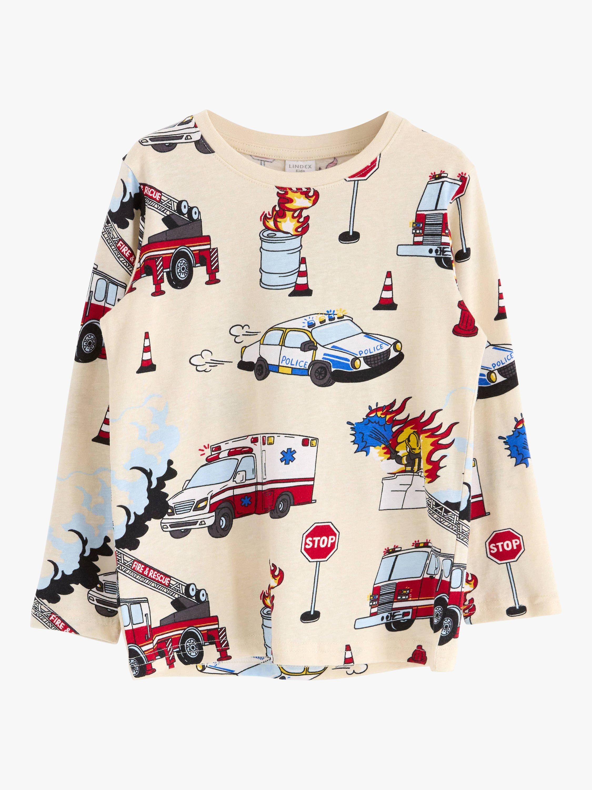 Product image 5 of 6, which shows Lindex Kids' Fire Vehicles Print Long Sleeve Top, Light Beige, 18-24 months