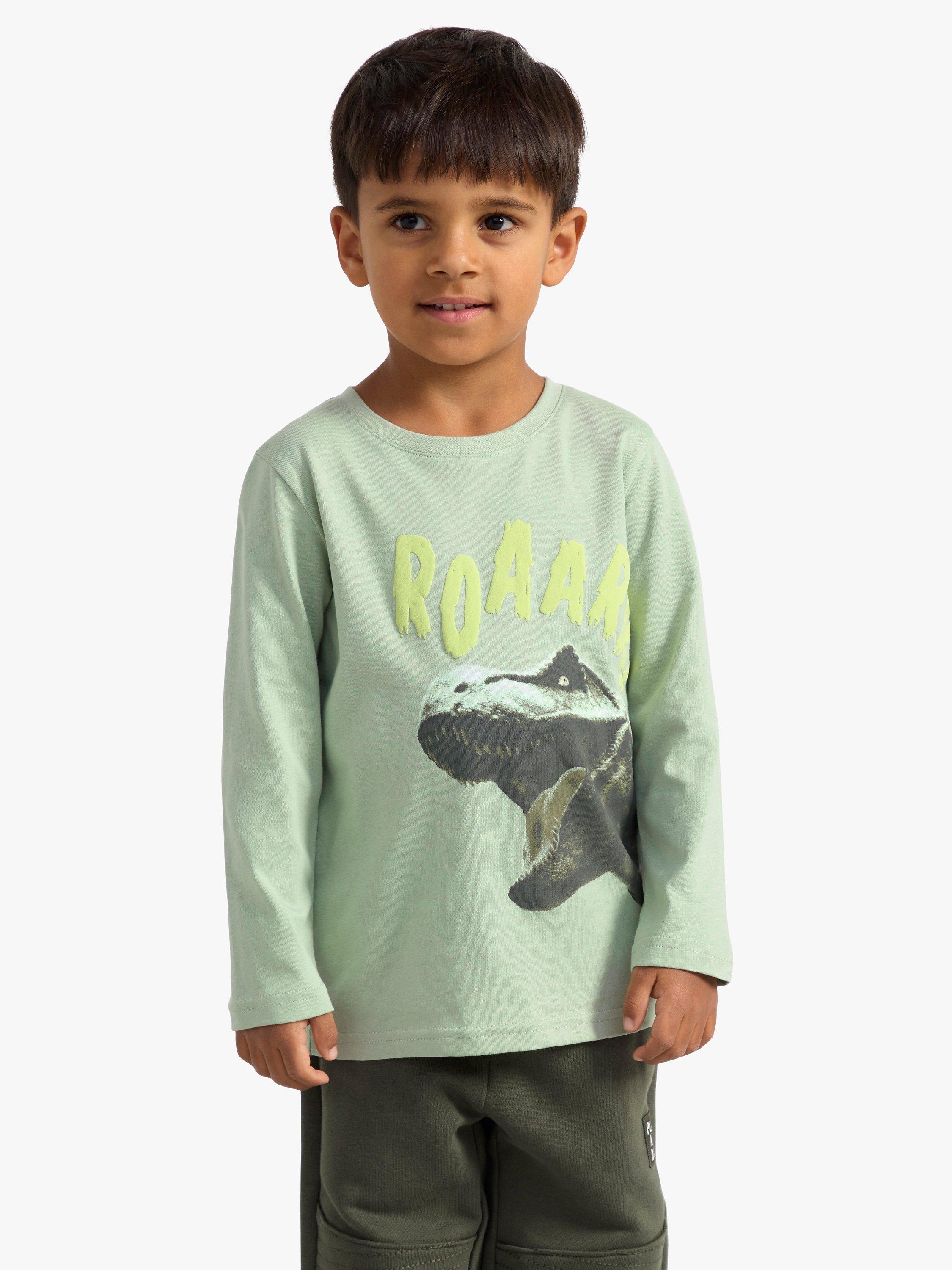 Lindex Kids' Dinosaur Long Sleeve Top, Light Dusty Green