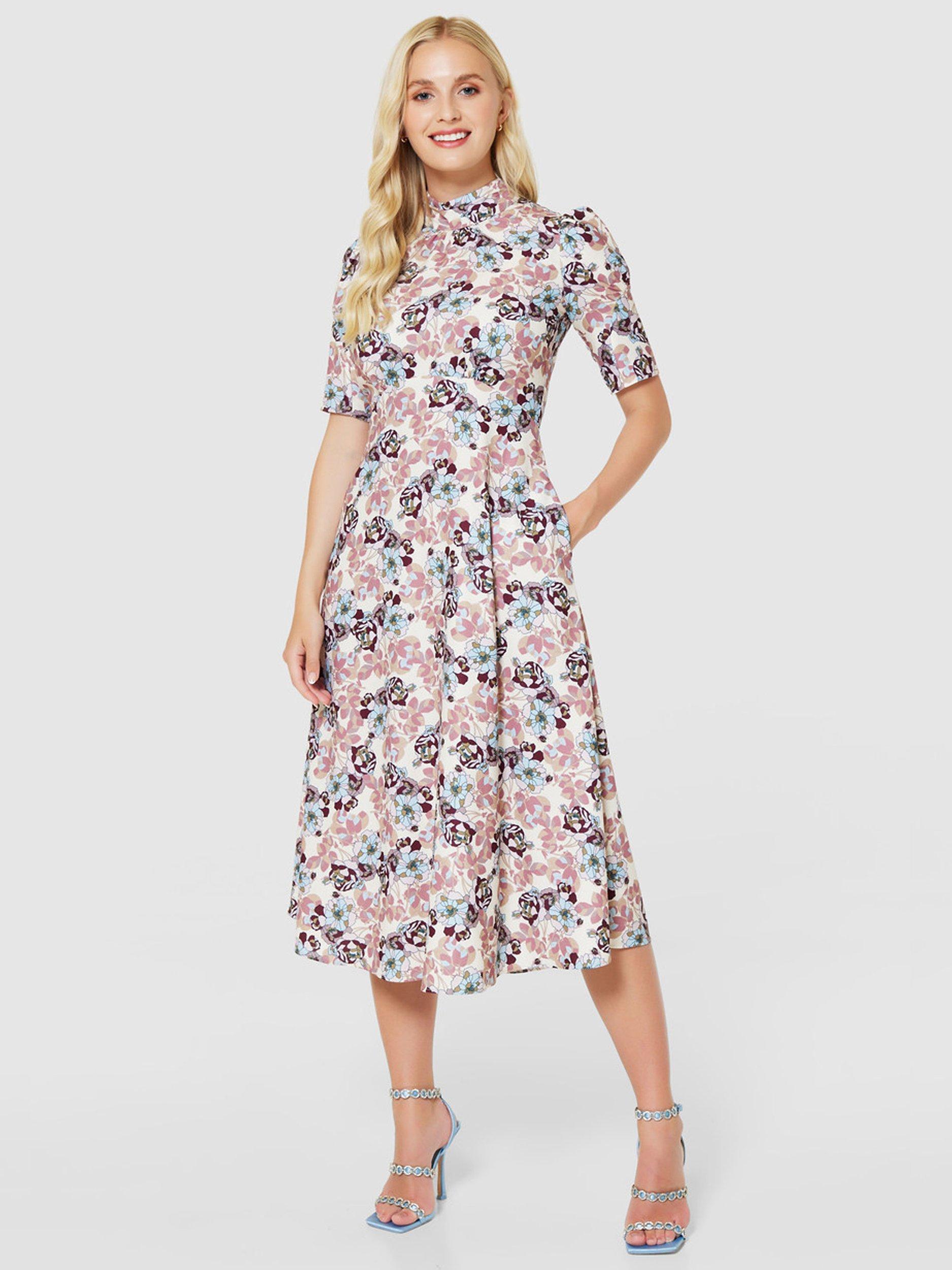 Closet London Floral Print Midi Tea Dress, Light Blue/Multi, Cream/Multi