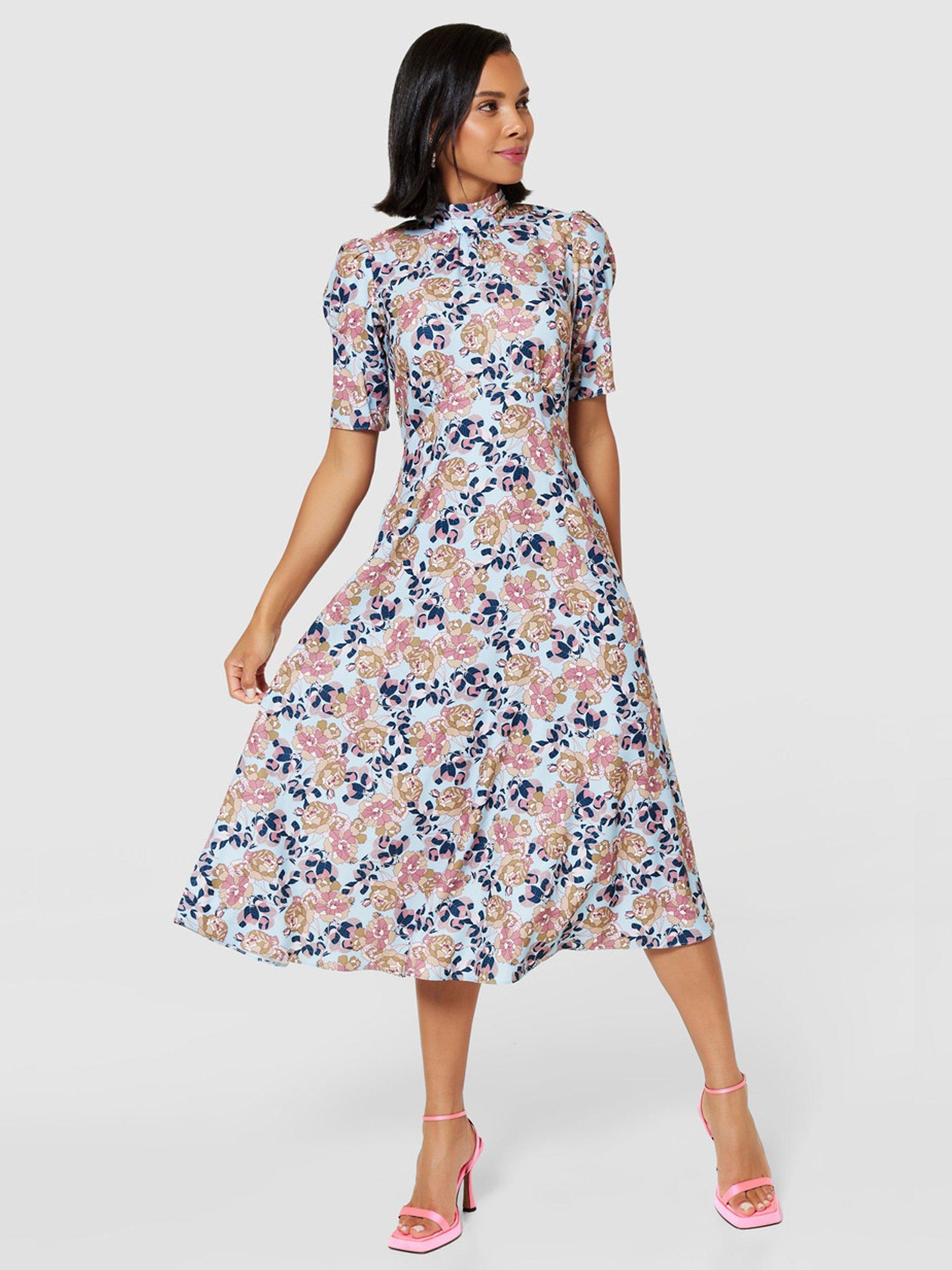 Closet London Floral Print Midi Tea Dress, Light Blue/Multi, Light Blue