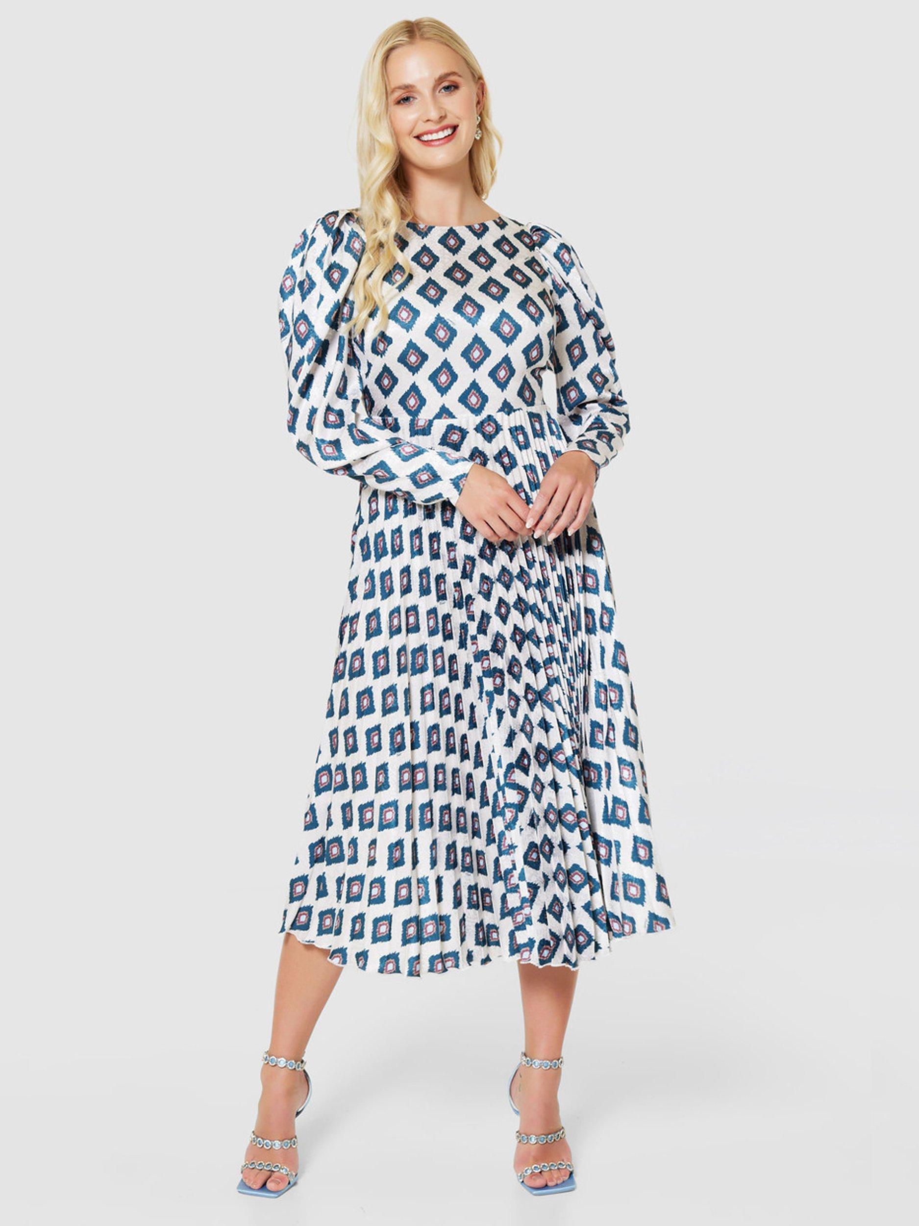 Closet London Print Pleated Dress, Ivory/Multi
