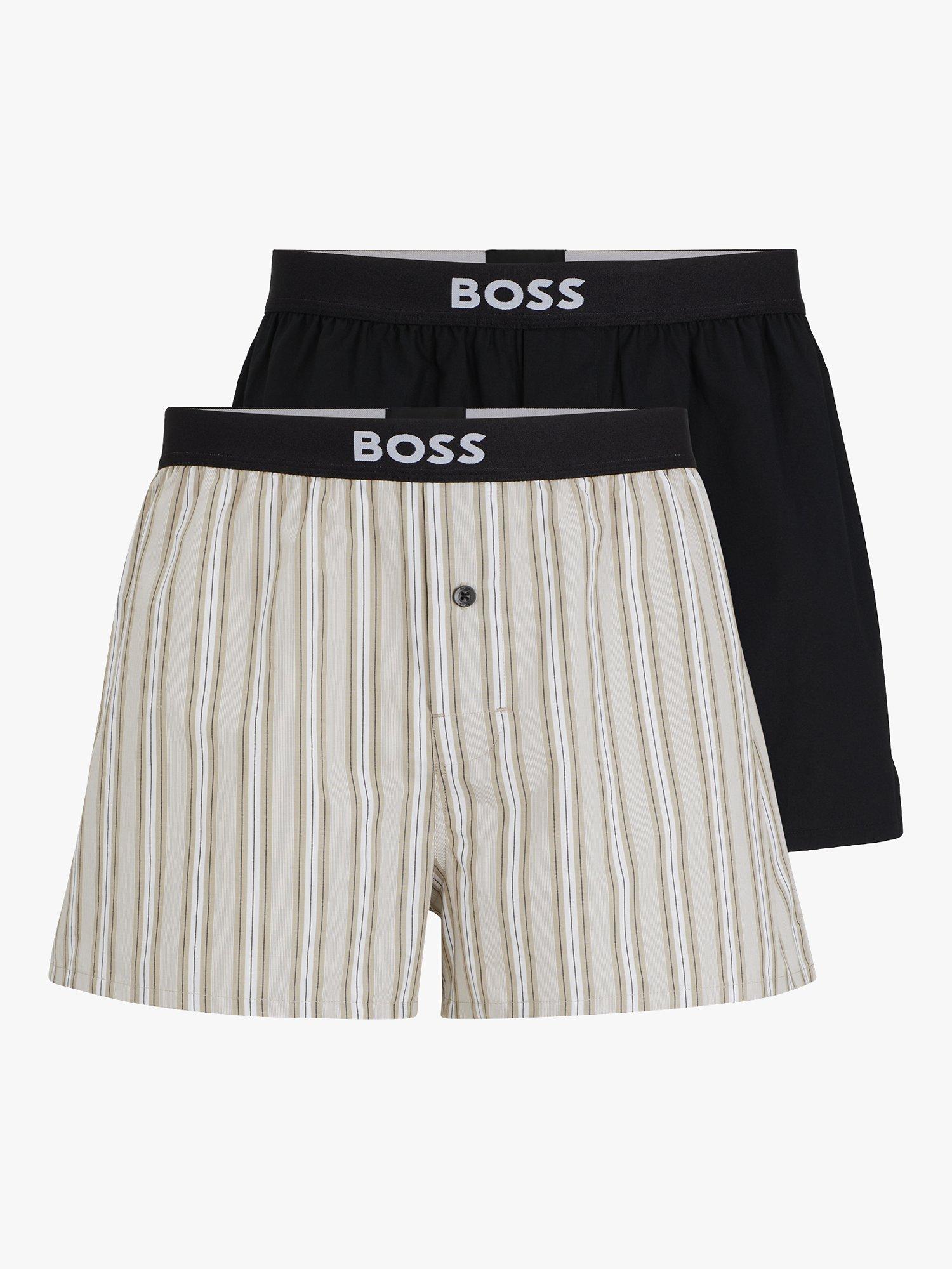 BOSS Stripe and Plain Cotton Boxers, Pack of 2, Dark Beige/Black