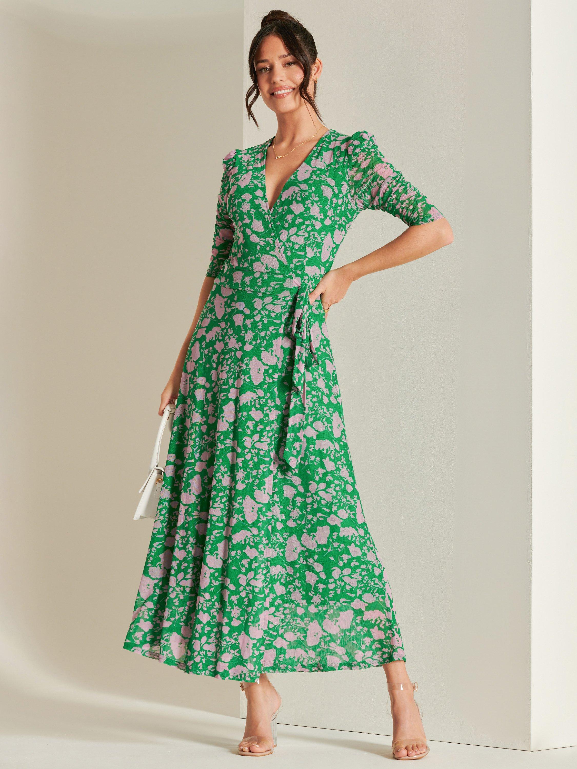Jolie Moi Wrapped Mesh Maxi Dress, Green Floral