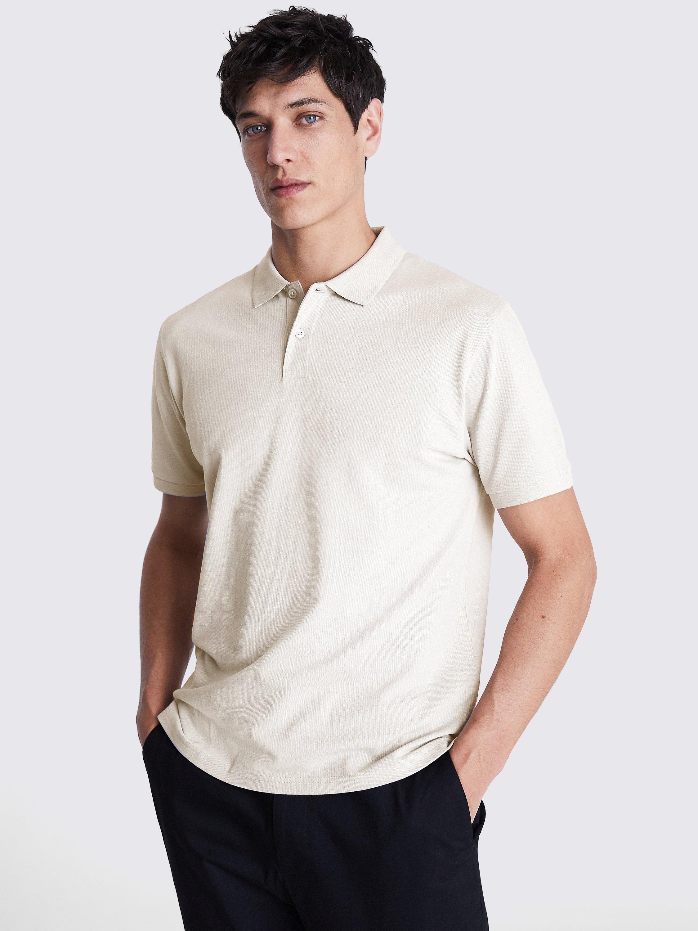 Product image 1 of 5, which shows Moss Pique Short Sleeve Polo Shirt, Ivory, S