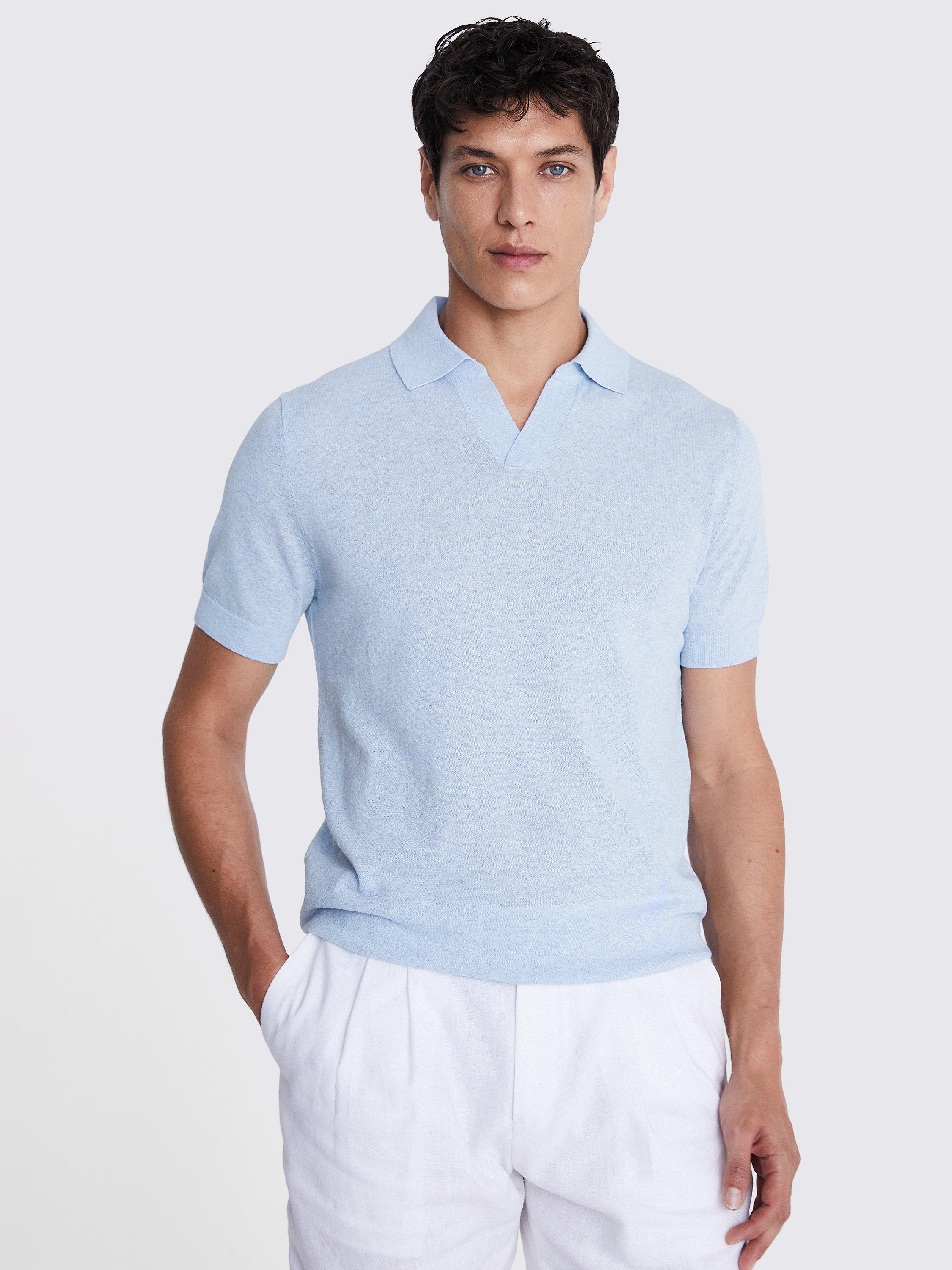 Moss Linen Blend Skipper Polo Shirt, Light Blue