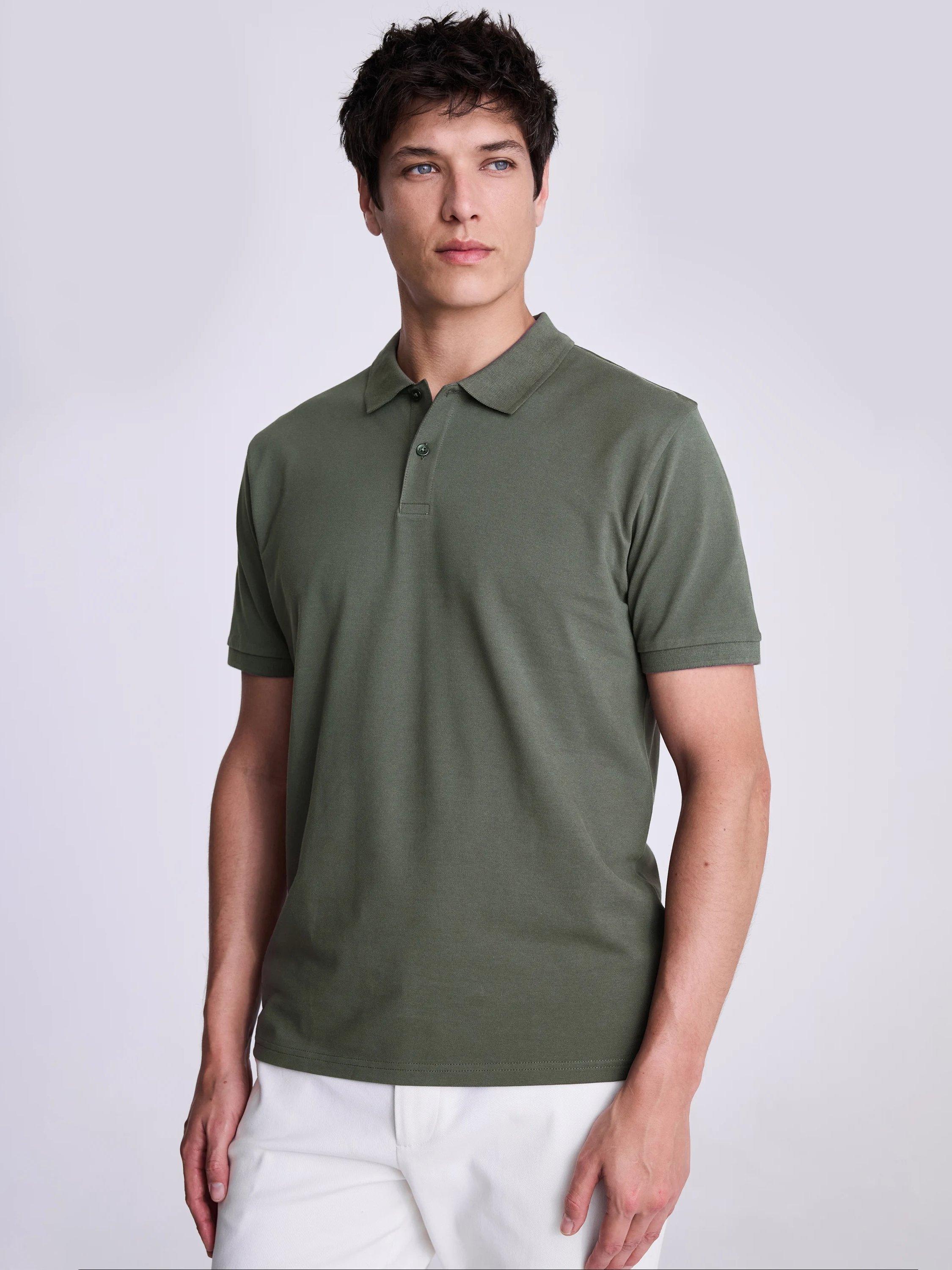 Product image 1 of 5, which shows Moss Pique Short Sleeve Polo Shirt, Khaki, S