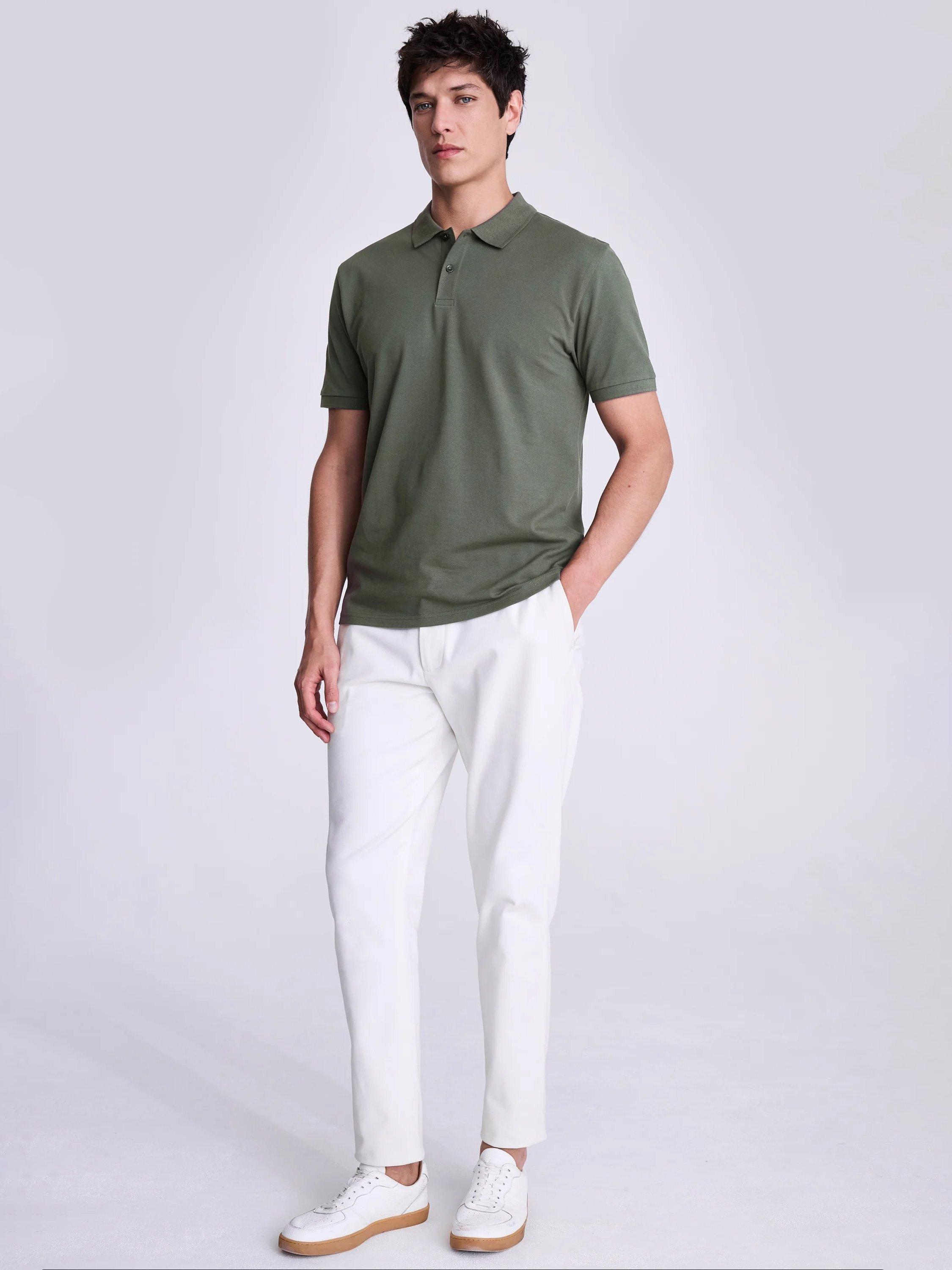 Product image 2 of 5, which shows Moss Pique Short Sleeve Polo Shirt, Khaki, S