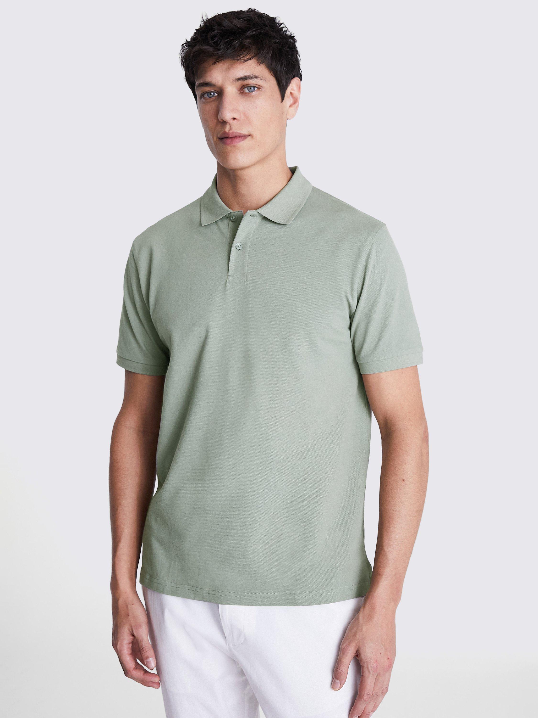 Product image 1 of 5, which shows Moss Pique Short Sleeve Polo Shirt, Sage, S