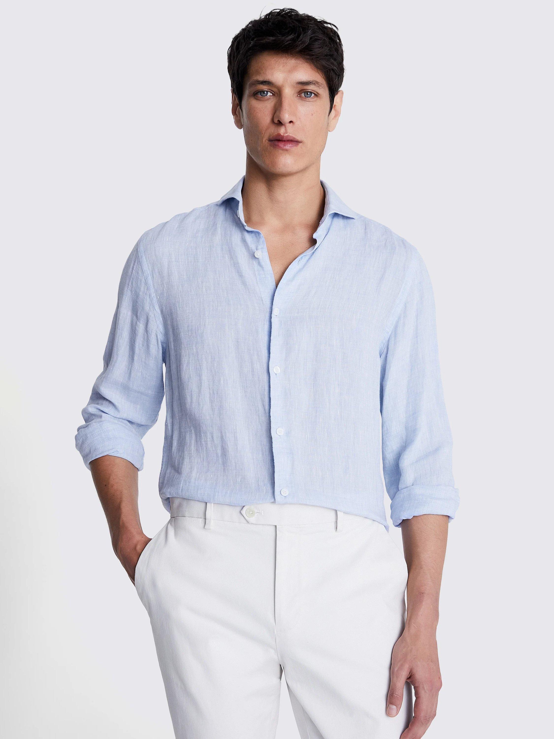 Product image 1 of 5, which shows Moss Tailored Fit Linen Long Sleeve Shirt, Blue, S