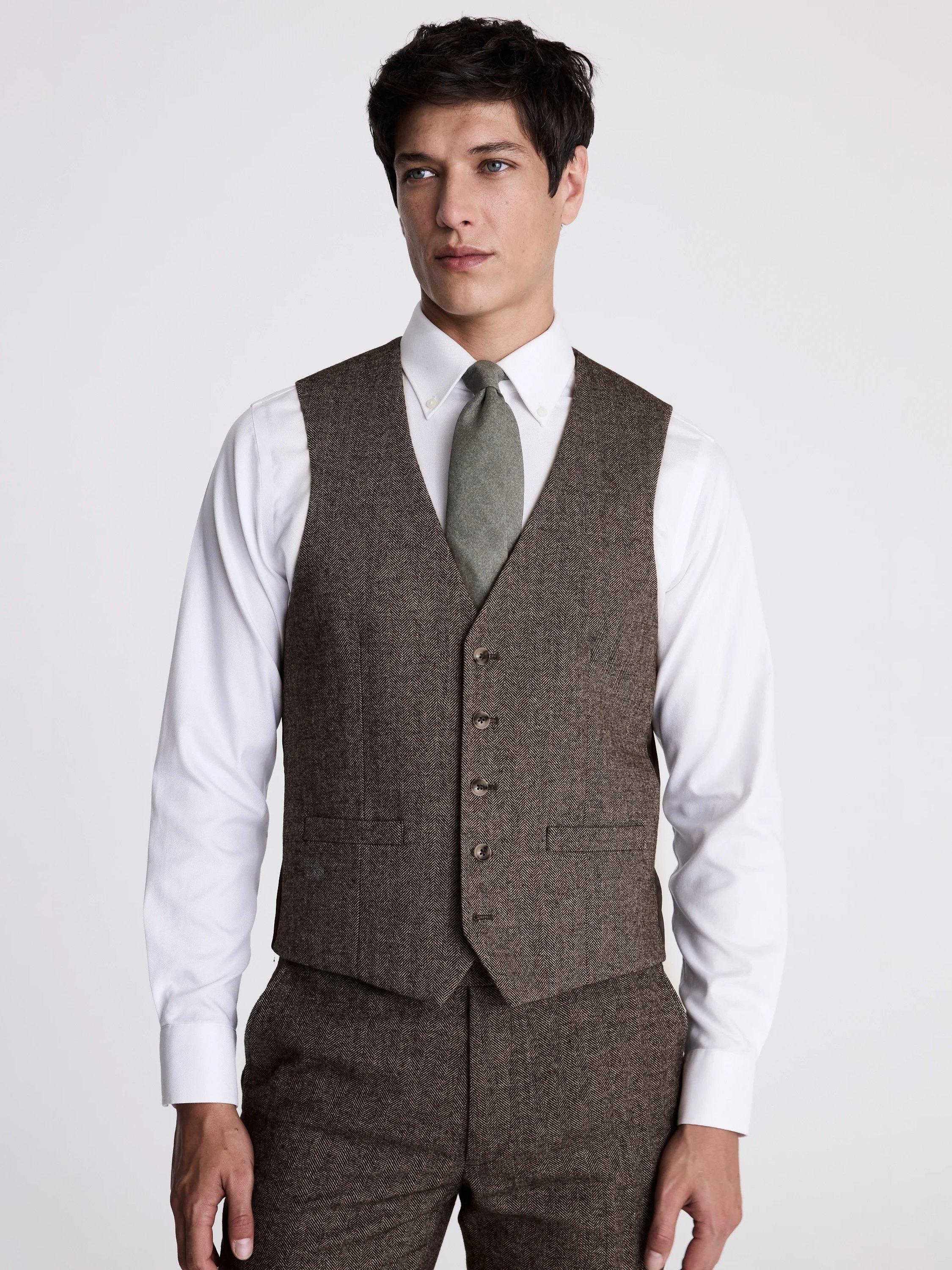 Moss Slim Fit Tweed Waistcoat, Brown