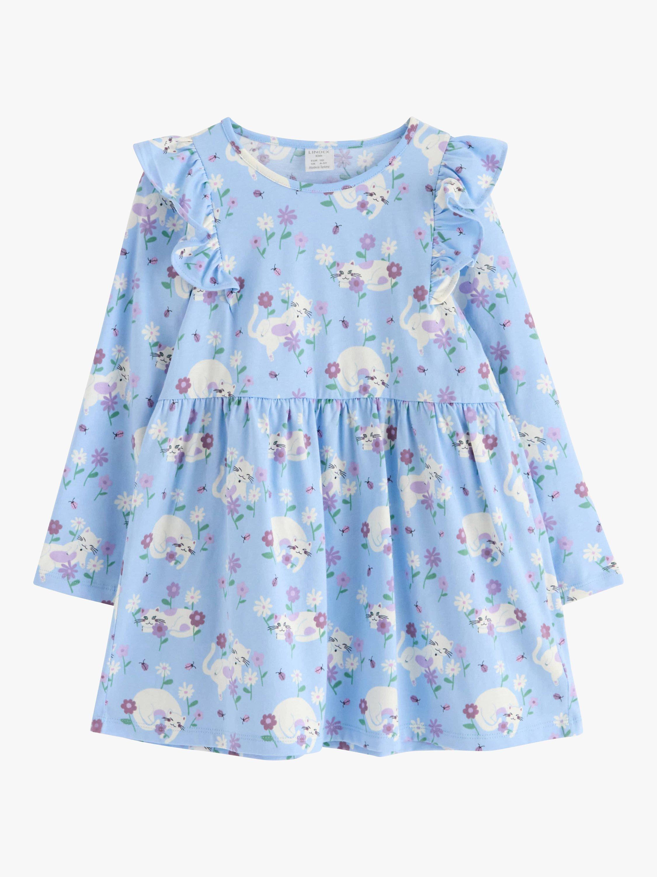Lindex Kids' Cat Print Frill Long Sleeve Tunic, Light Blue