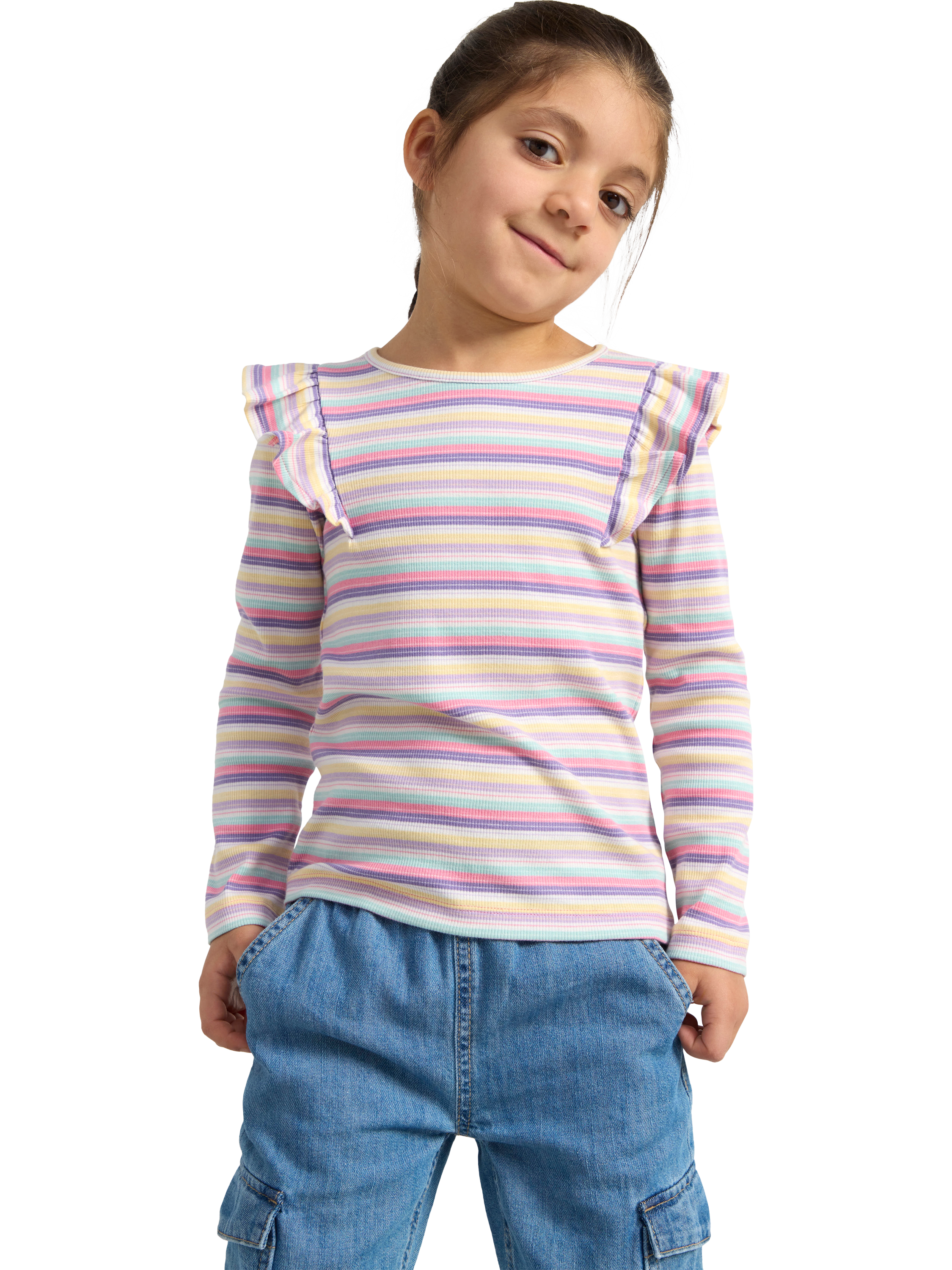Lindex Kids' Organic Cotton Blend Stripe Frill Detail Top, Pink