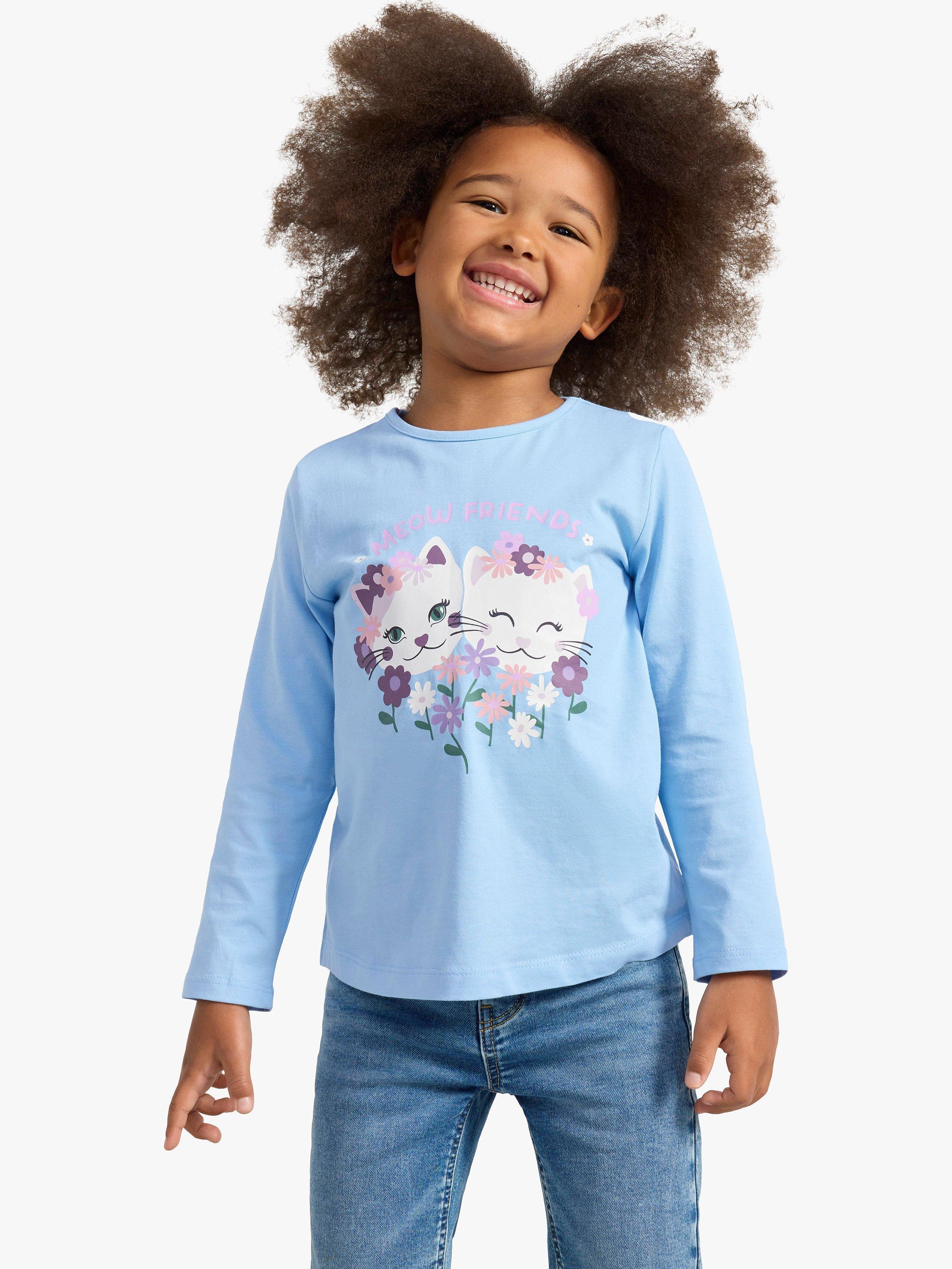 Lindex Kids' Cat Print Long Sleeve Top, Light Blue