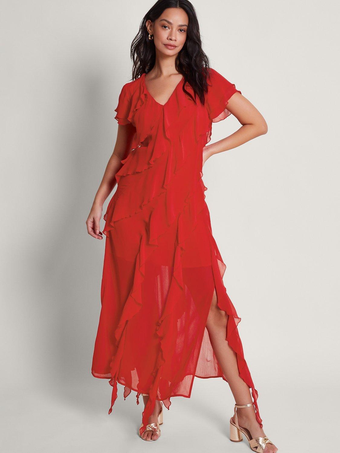 Monsoon Renata Ruffle Midi Dress, Red