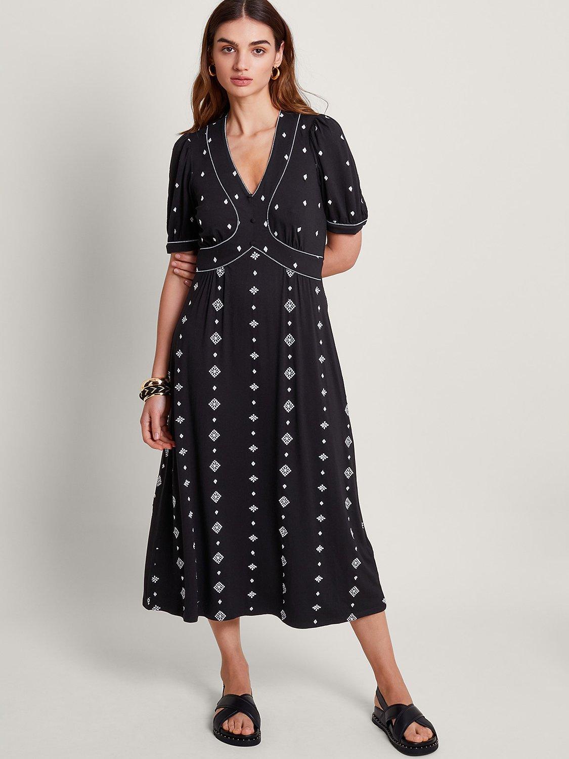 Monsoon Ethel Embroidered Midi Jersey Dress, Black