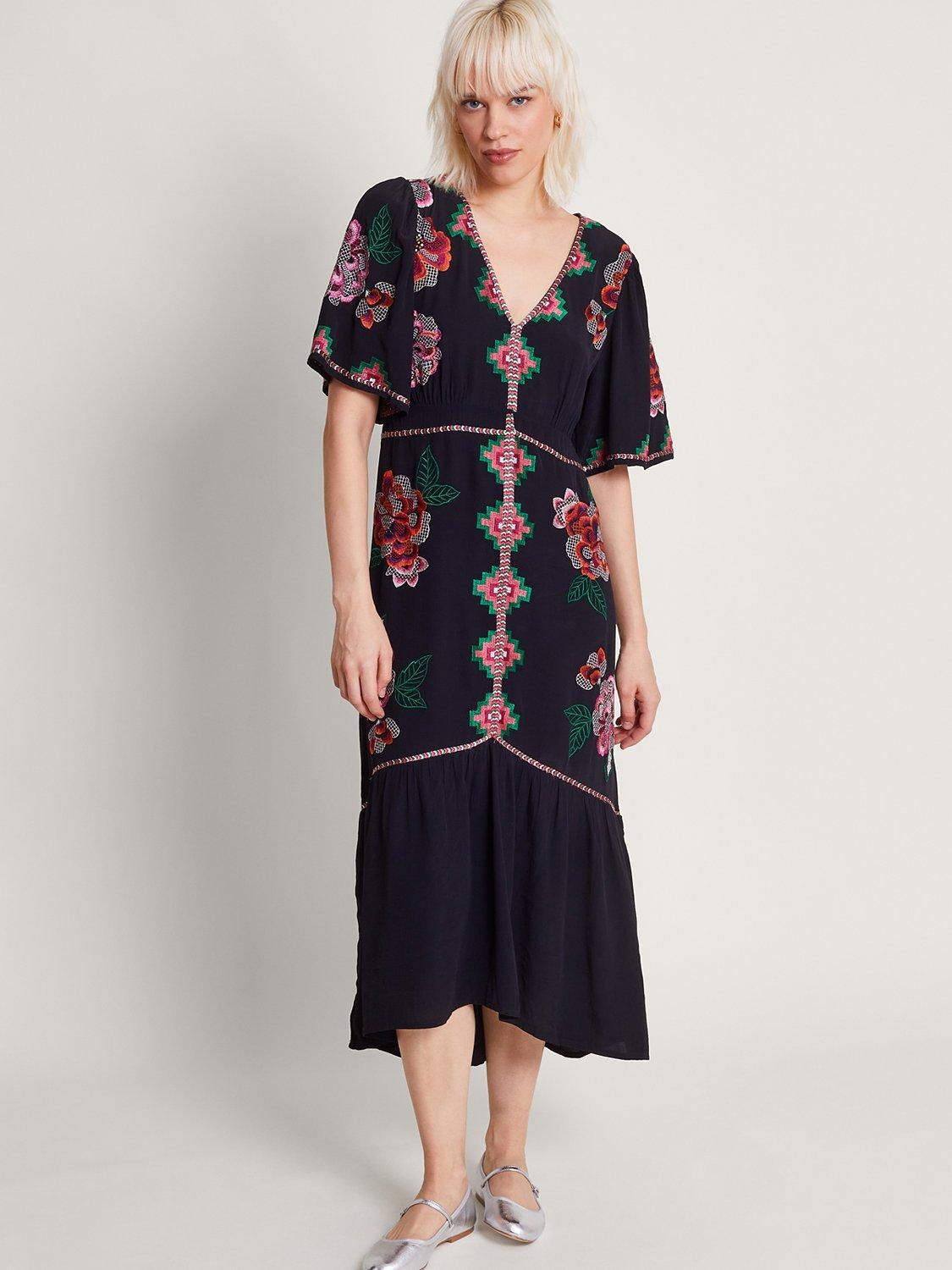 Monsoon Everly Embroidered Midi Dress, Black/Multi