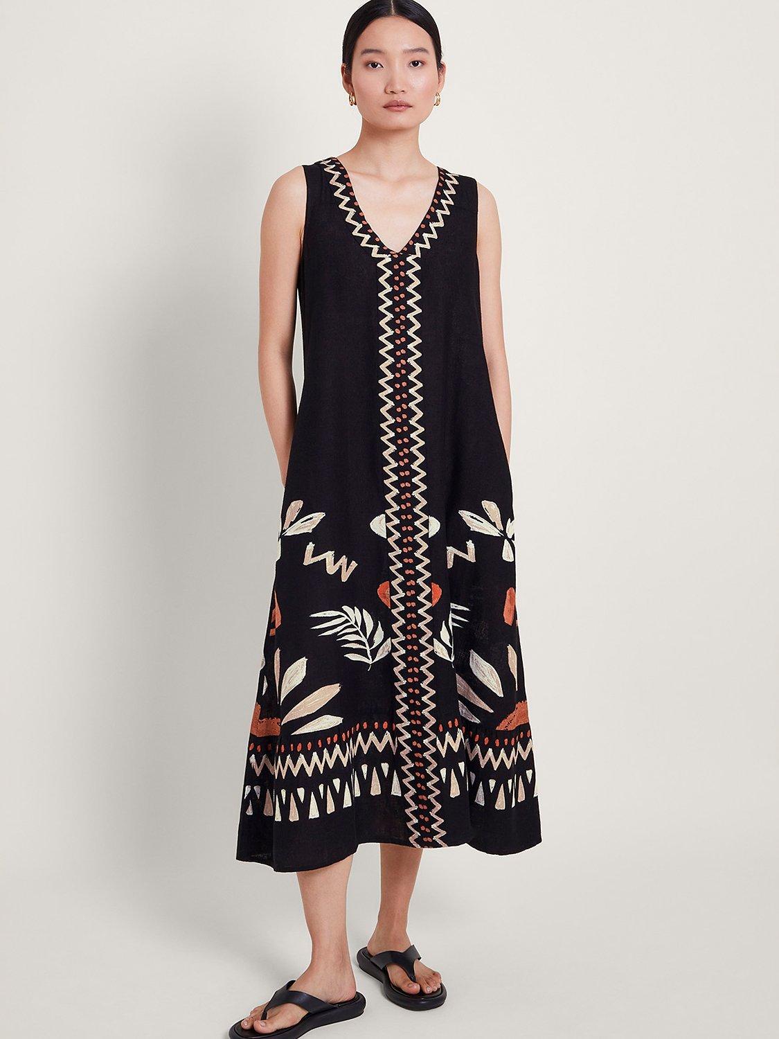 Monsoon Carlotta Embroidered Linen Blend Midi Dress, Black/Multi