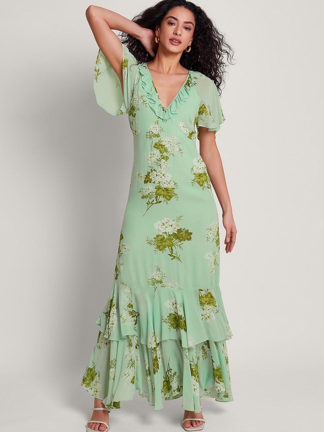 Monsoon Rowena Floral Print Ruffle Detail Maxi Dress, Green