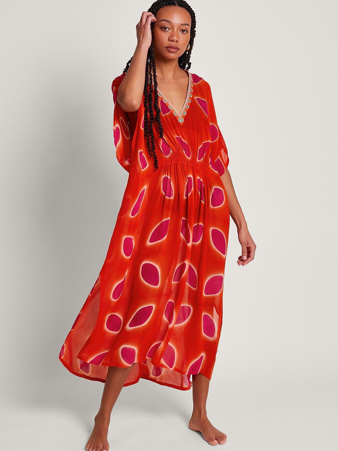 Monsoon Calypso Petal Print Kaftan, Red/Multi