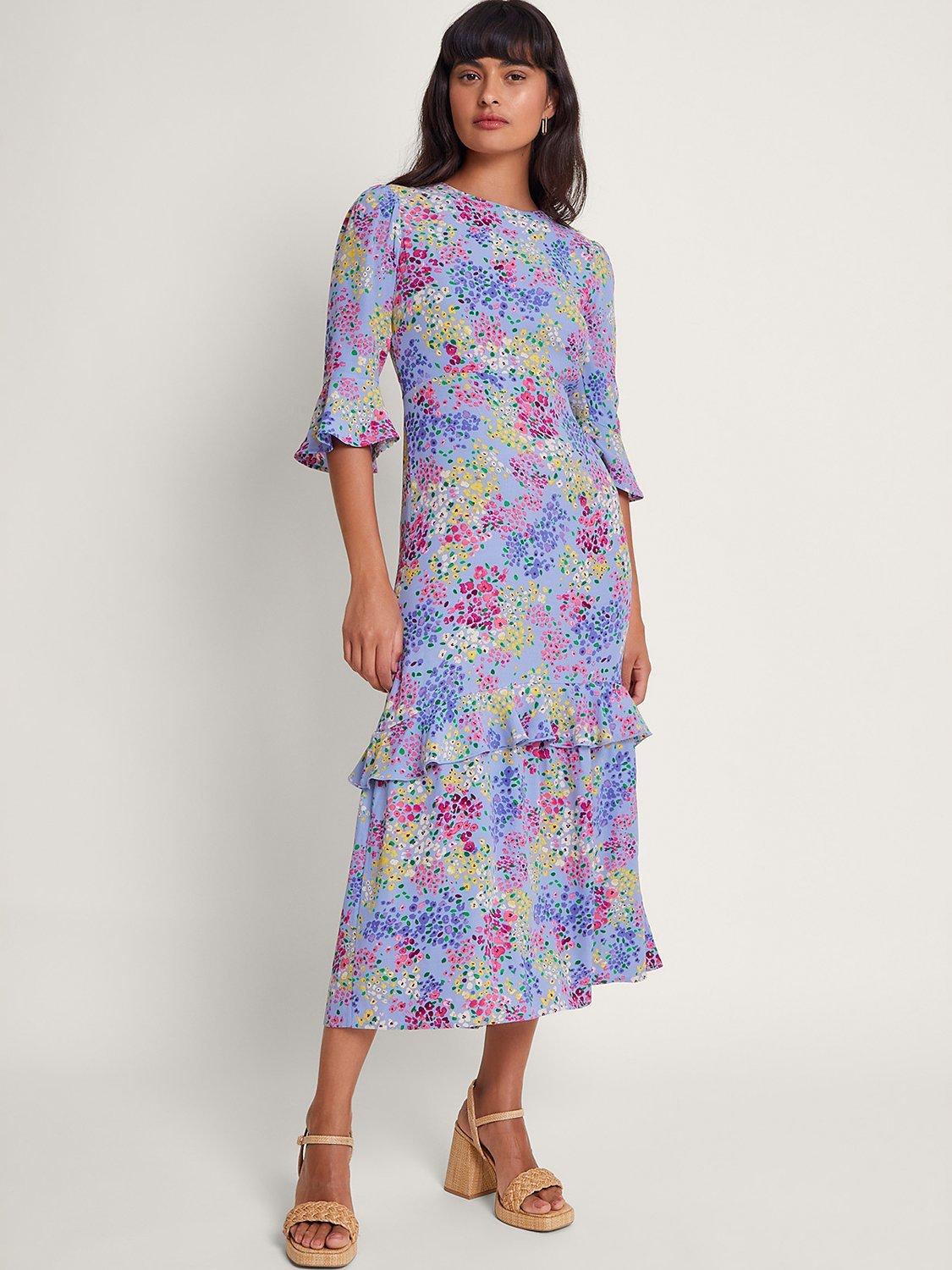 Monsoon Micola Ditsy Tea Midi Dress, Blue/Multi, Blue