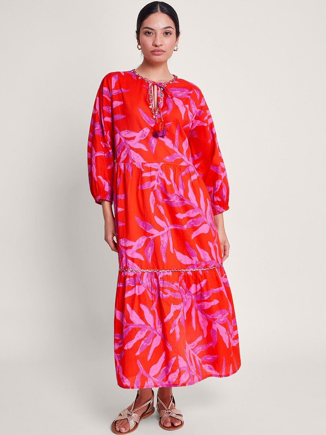 Monsoon Arissa Palm Print Kaftan Dress, Red/Multi