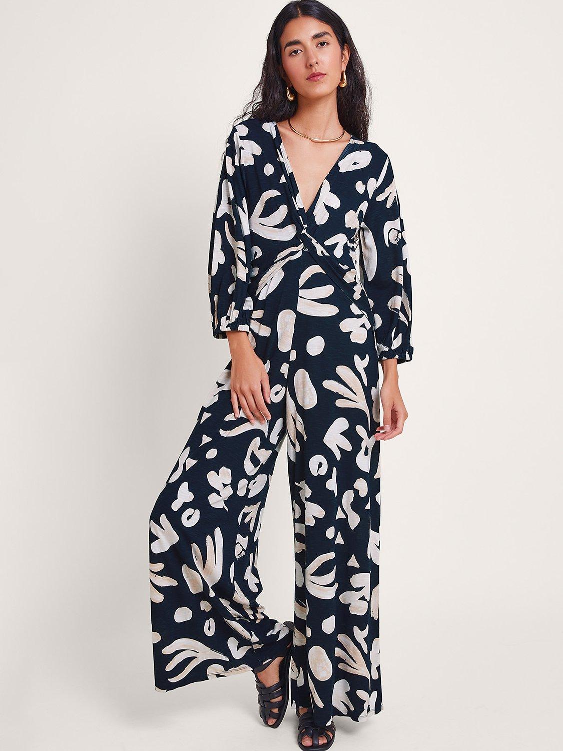 Monsoon Rosa Abstract Print Twist Detail Jumpsuit, Black/Multi, L
