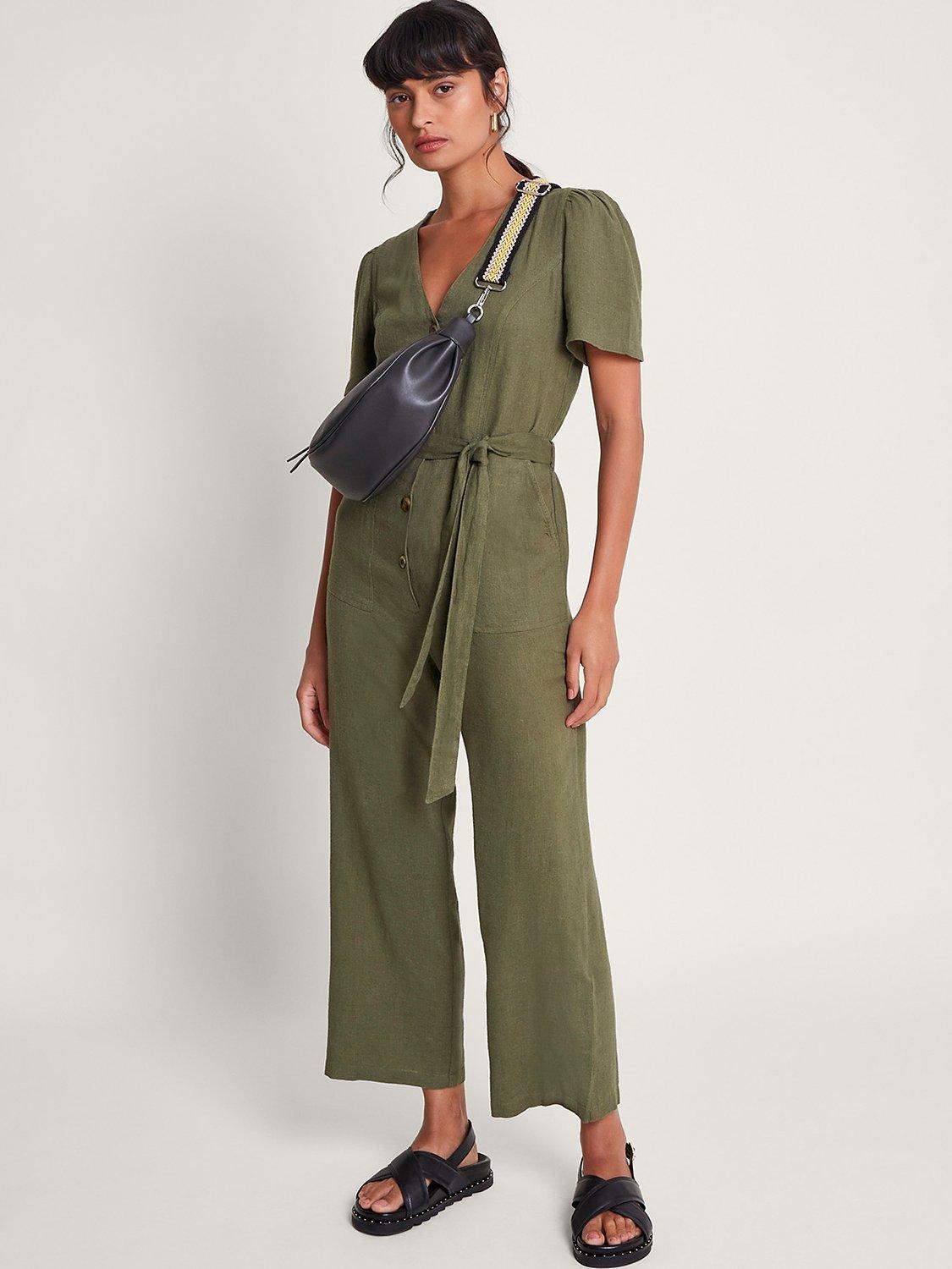 Monsoon Azalea Linen Blend Jumpsuit, Khaki