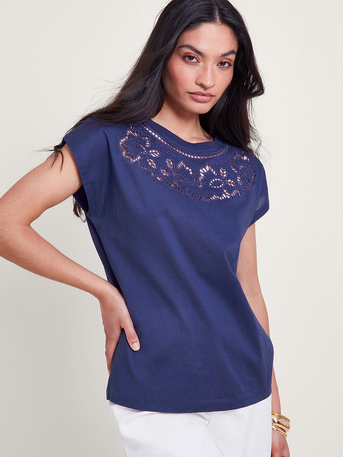 Monsoon Garcia Cutwork Cotton T-shirt, Navy, L