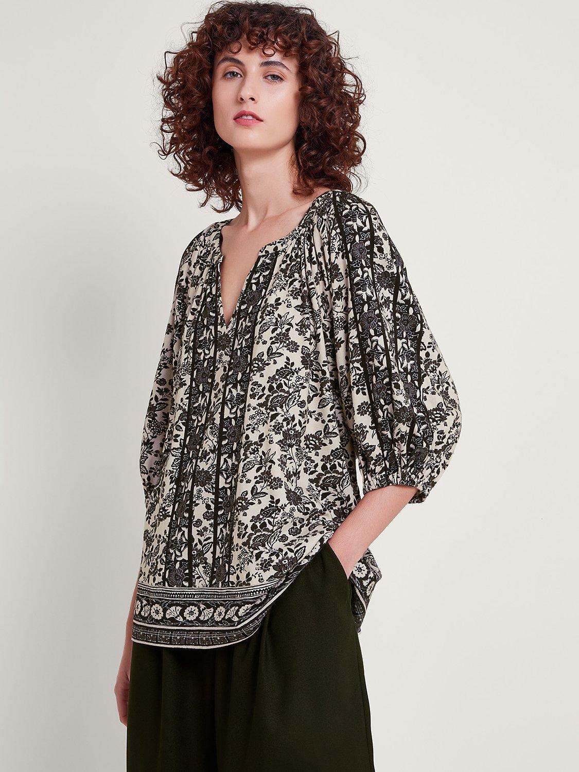 Monsoon Holly Heritage Floral Print Top, Black/Cream, Black/Cream